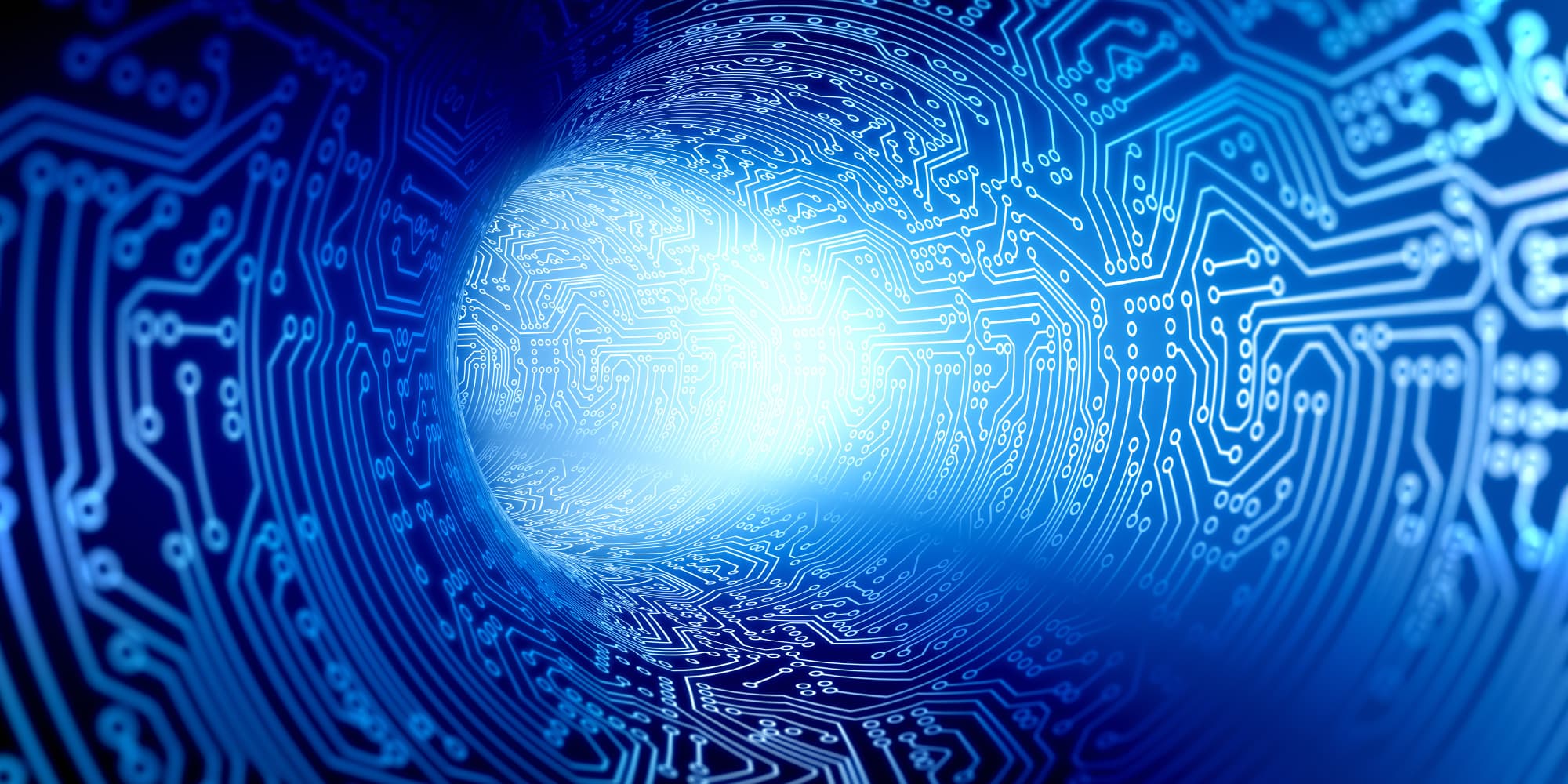 imec_life-sciences_smart-implants_1 Abstract blue circuit-board tunnel with a bright glowing center