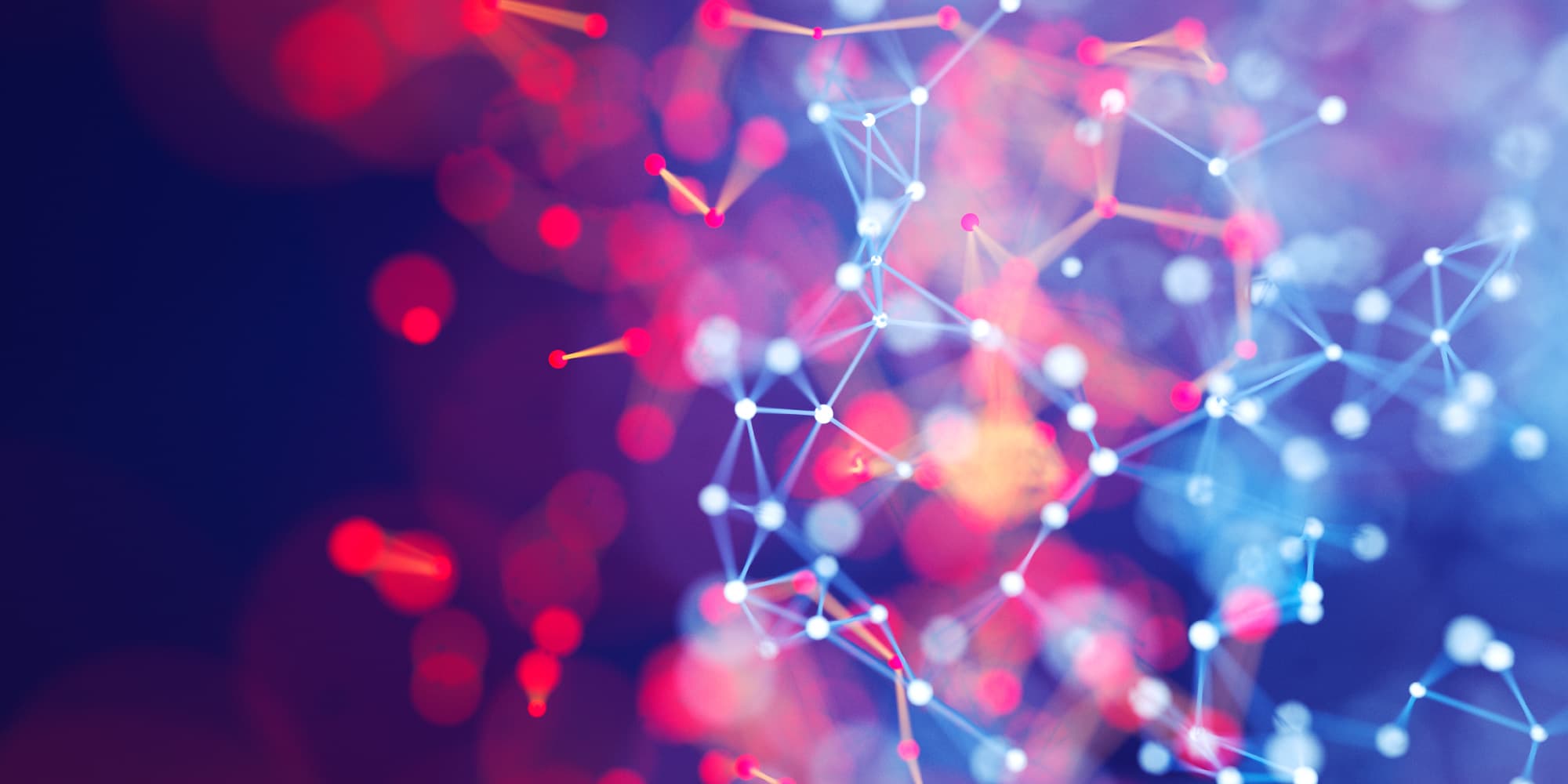imec-magazine-ai-special-01_voorwoord_1 Abstract network of connected glowing nodes in pink, blue, and white on a dark background