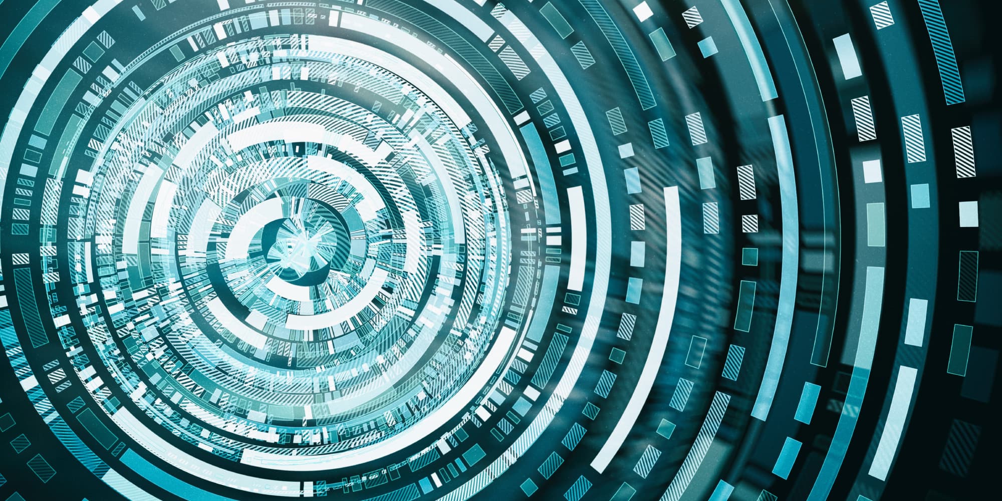 imec-magazine-ai-special-04_pocs_1 Abstract teal and white concentric circuit-like rings suggesting digital AI data flow