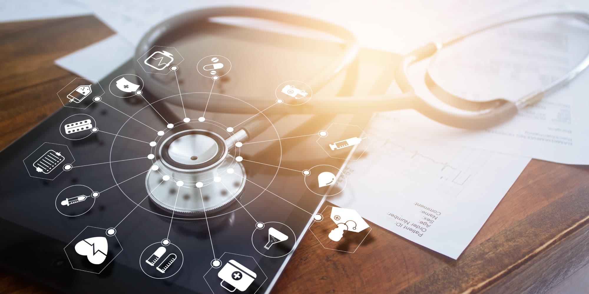 imec-magazine-ai-special-13_geneeskunde_1 Stethoscope on a tablet with floating medical icons, suggesting digital healthcare and diagnosis