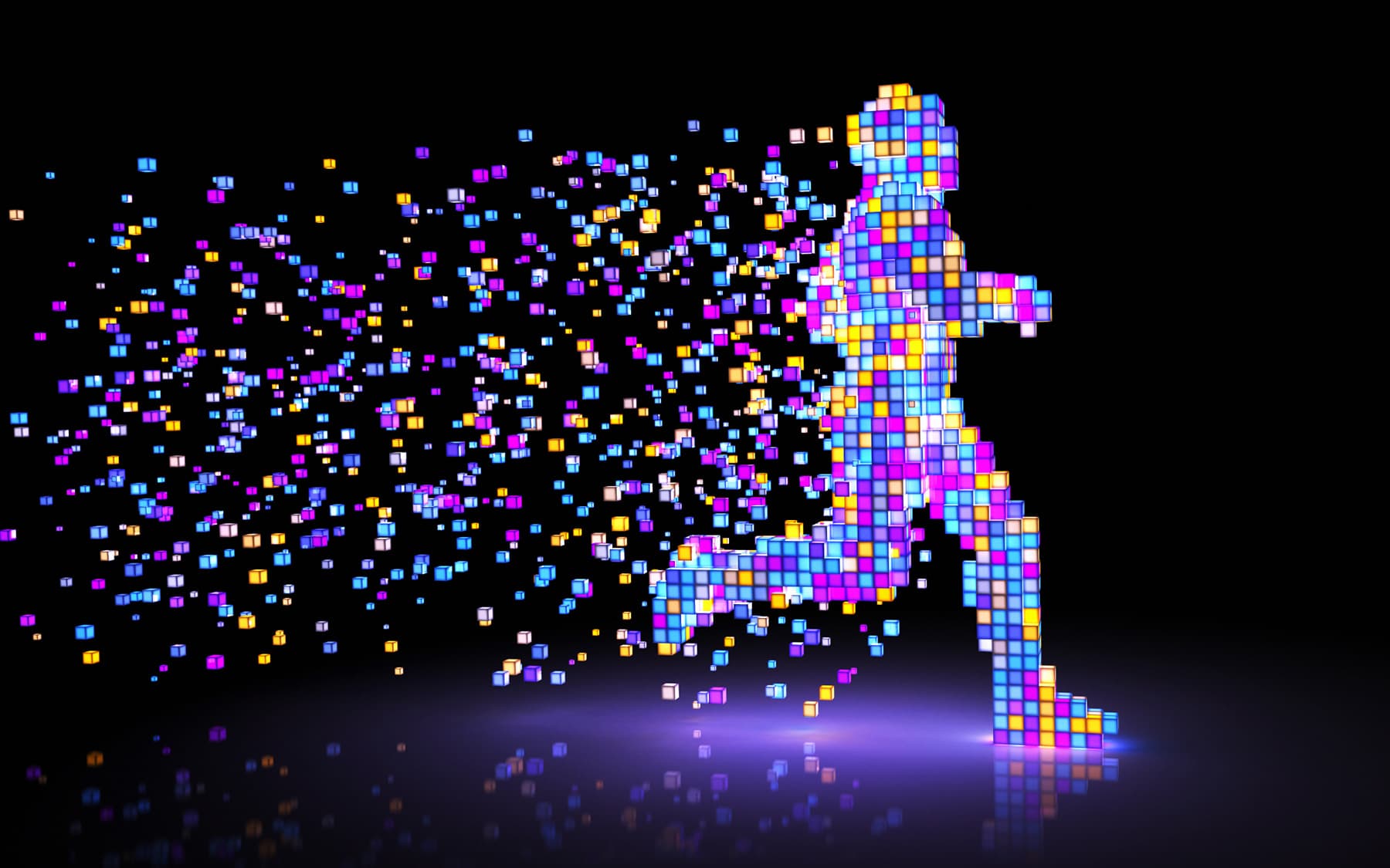 imec-magazine-digital-health-coach_1 Colorful pixel-art runner made of glowing squares, with squares scattering behind him on a black background.