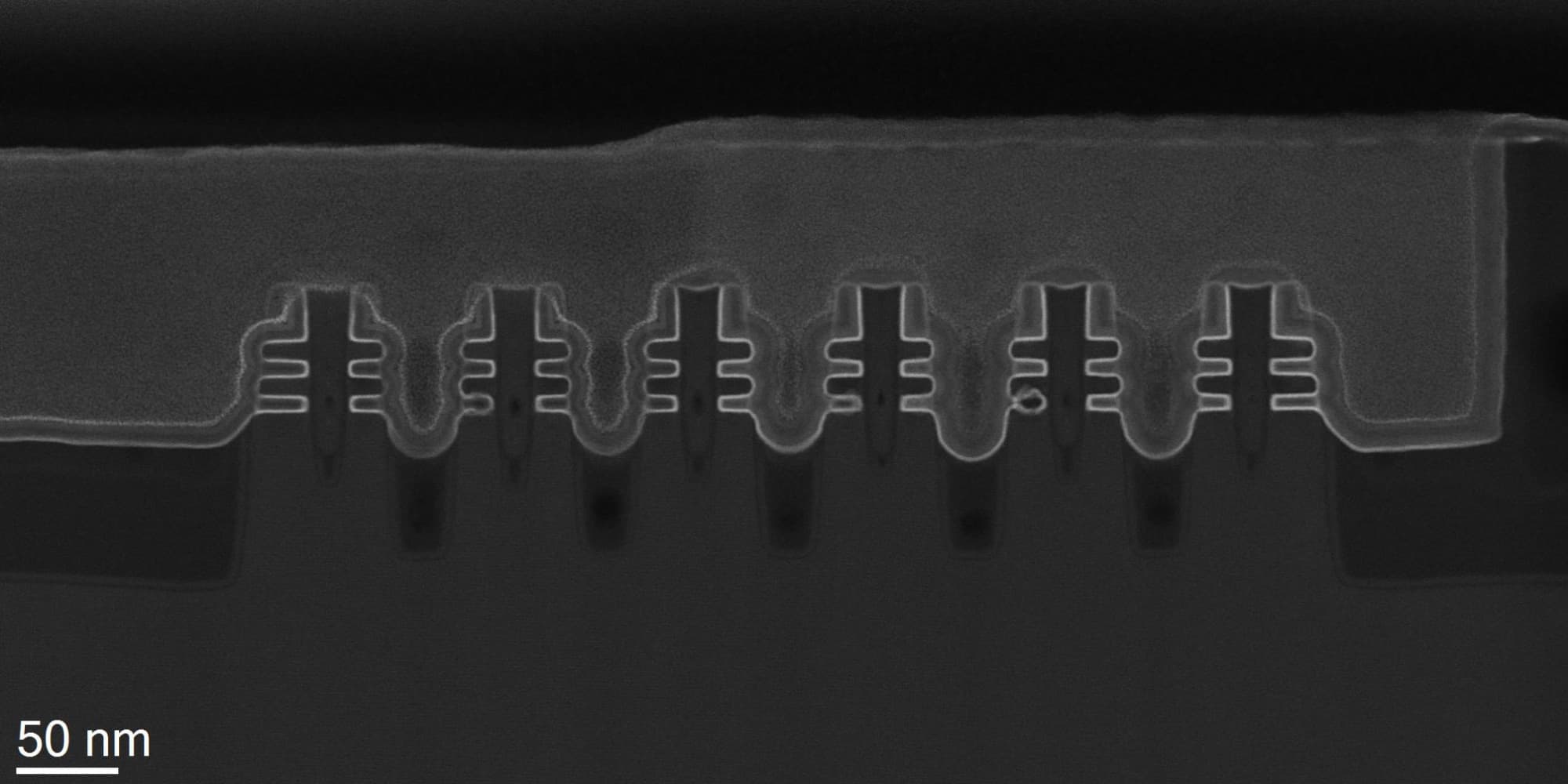 Imec-Reports-First-Electrical-Demonstration-of-Integrated-Forksheet-Devices-to-extend-Nanosheets-beyond-2nm-technology-node Cross-sectional electron micrograph of a forksheet transistor structure with 50 nm scale bar