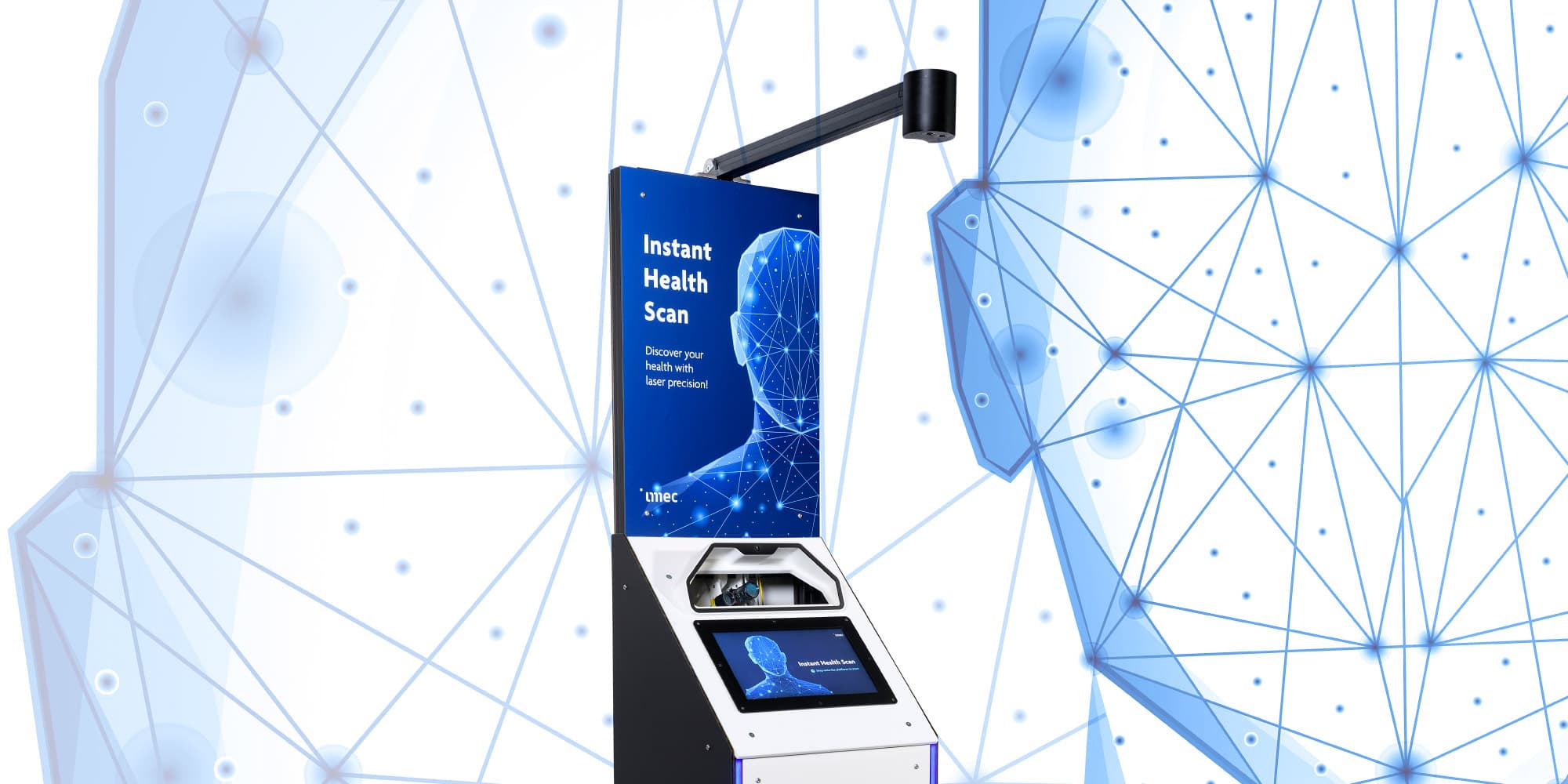 Imec-the-Netherlands-strengthens-photonics-research-for-healthcare Health scan kiosk with a blue screen, set against a network-style digital background