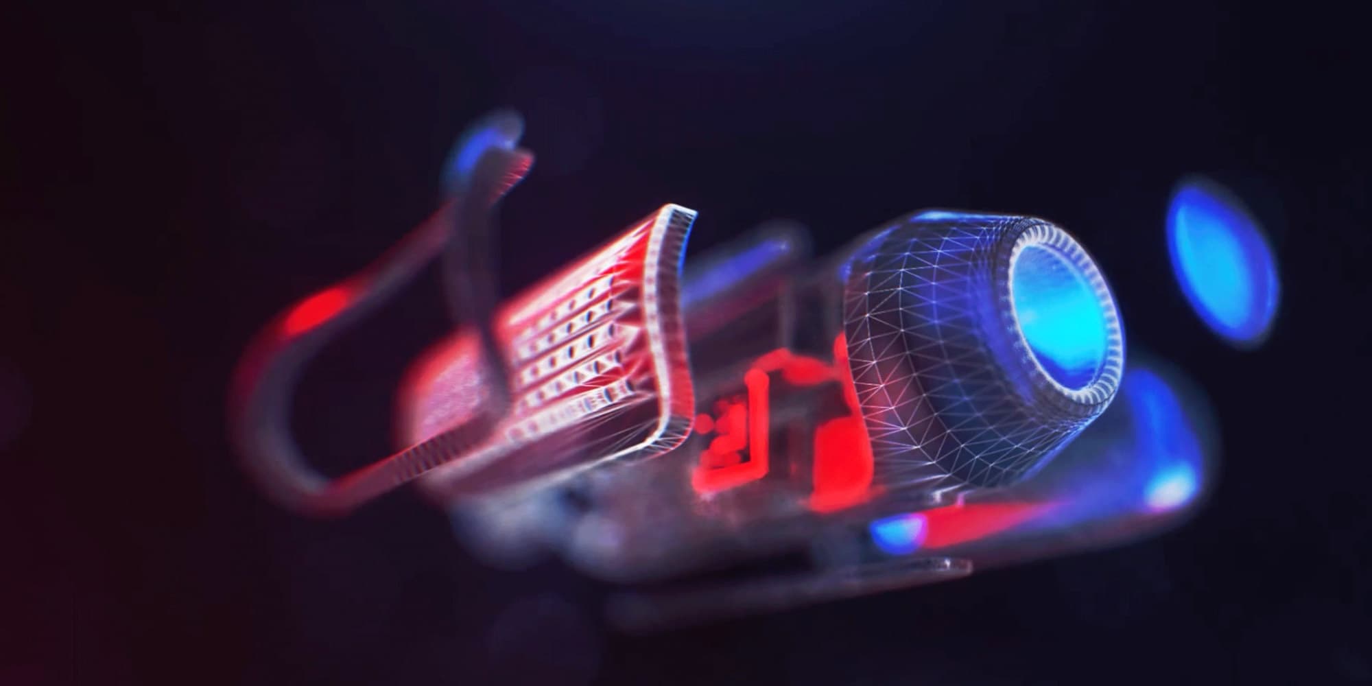 imec-wearable-ingestible-sensors_1 Stylized ingestible sensor capsule with glowing red and blue components on a dark background
