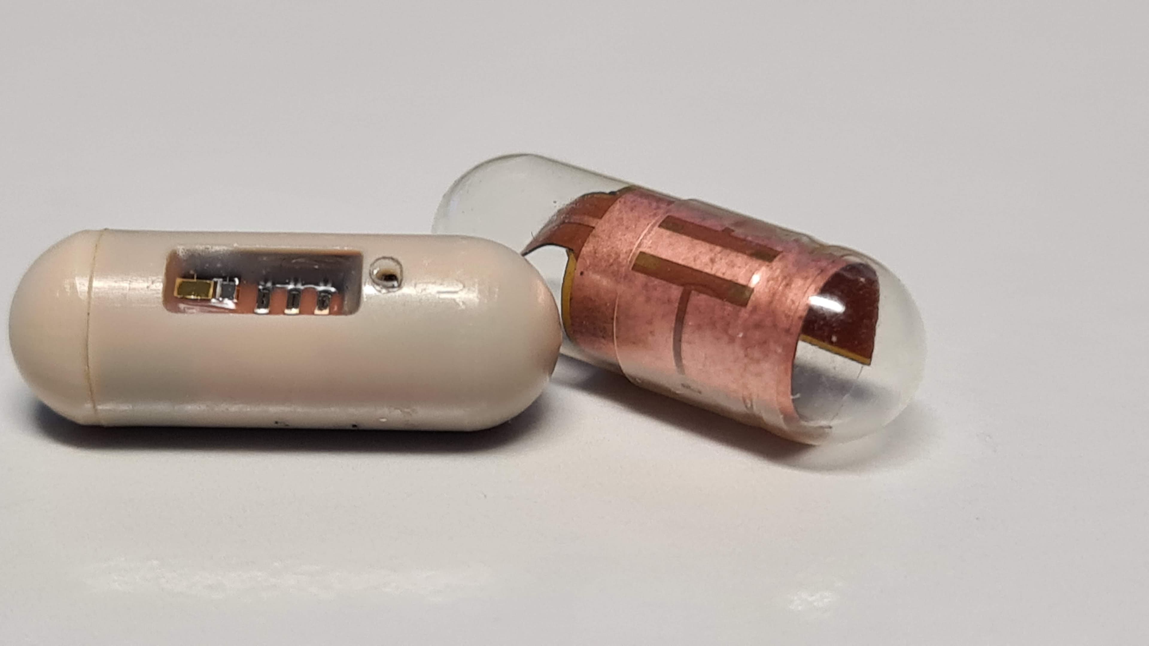 Prototype ingestible biosensor capsule Prototype ingestible biosensor capsule with exposed internal circuitry