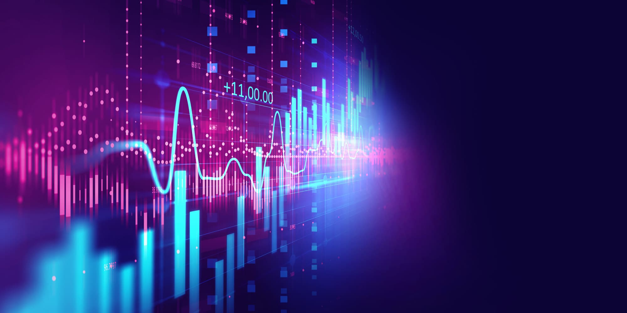 innovative-algorithm_1 Abstract digital data visualization with glowing line and bar charts in blue and pink on a dark background