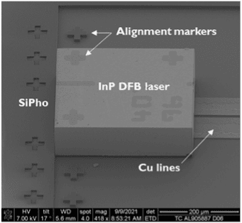 Microscope view of InP DFB laser chip Microscope view of an InP DFB laser chip with alignment markers and Cu lines labeled