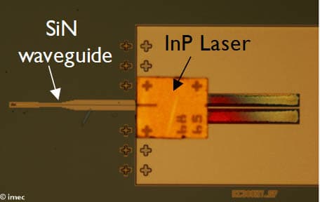 inp-dfb-laser_1 Microscope view of an InP laser assembled on a silicon photonics chip, with SiN waveguide labeled.