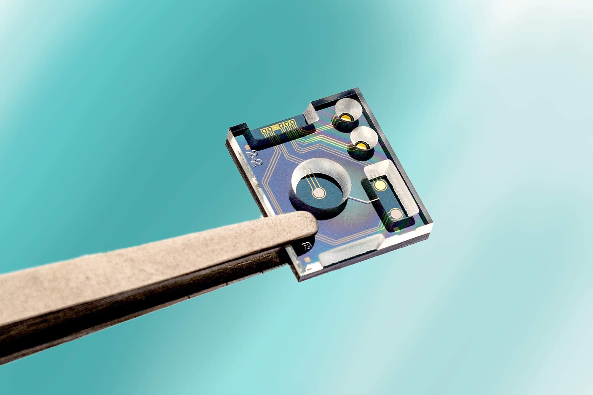 ionSensor_3 Solid-state multi-ion sensor chip held by tweezers against a blue background