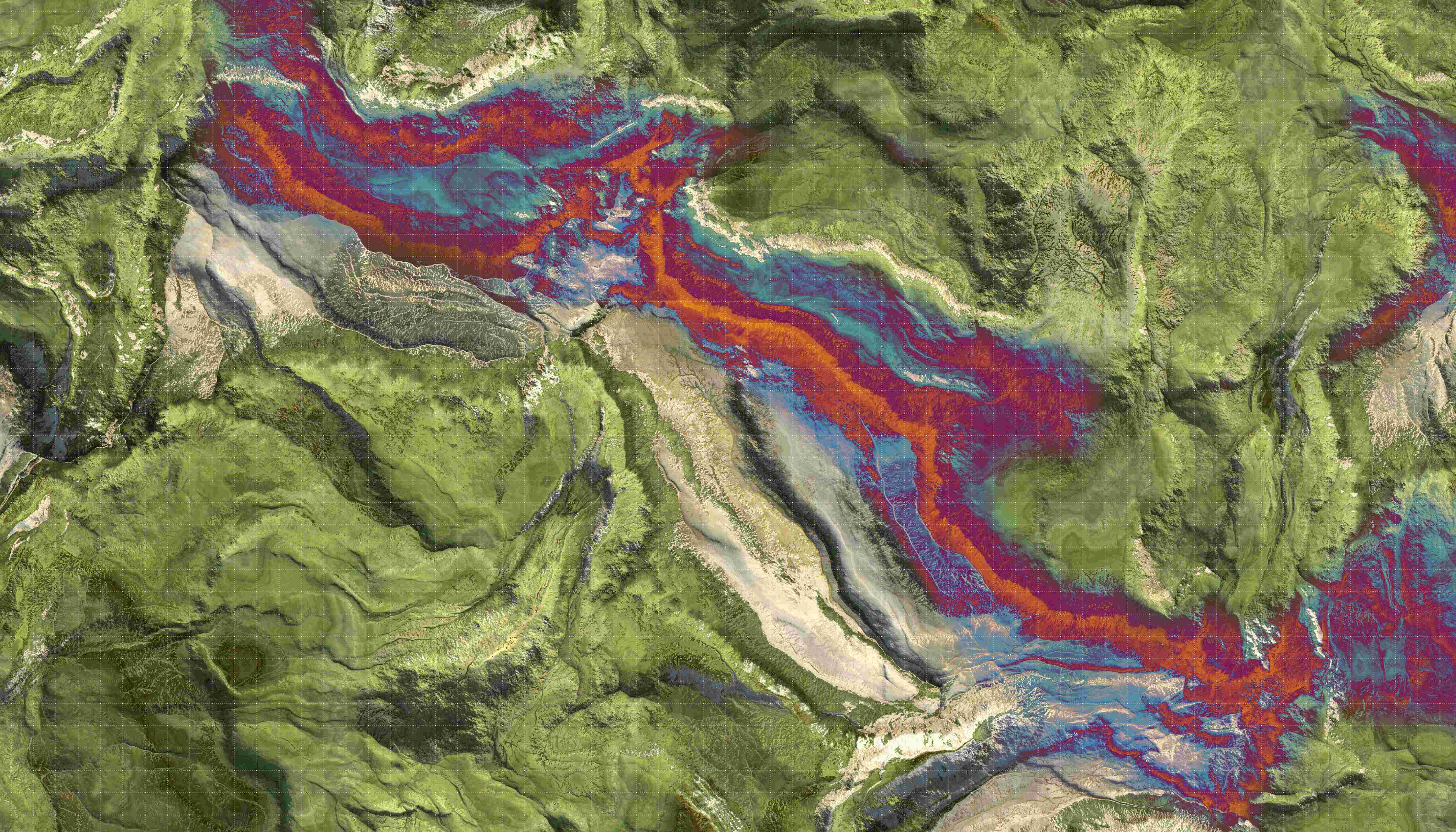 IPERLITE%20imec%20hyperspectral Hyperspectral satellite view of mountainous terrain with vivid false-color bands across valleys and ridges