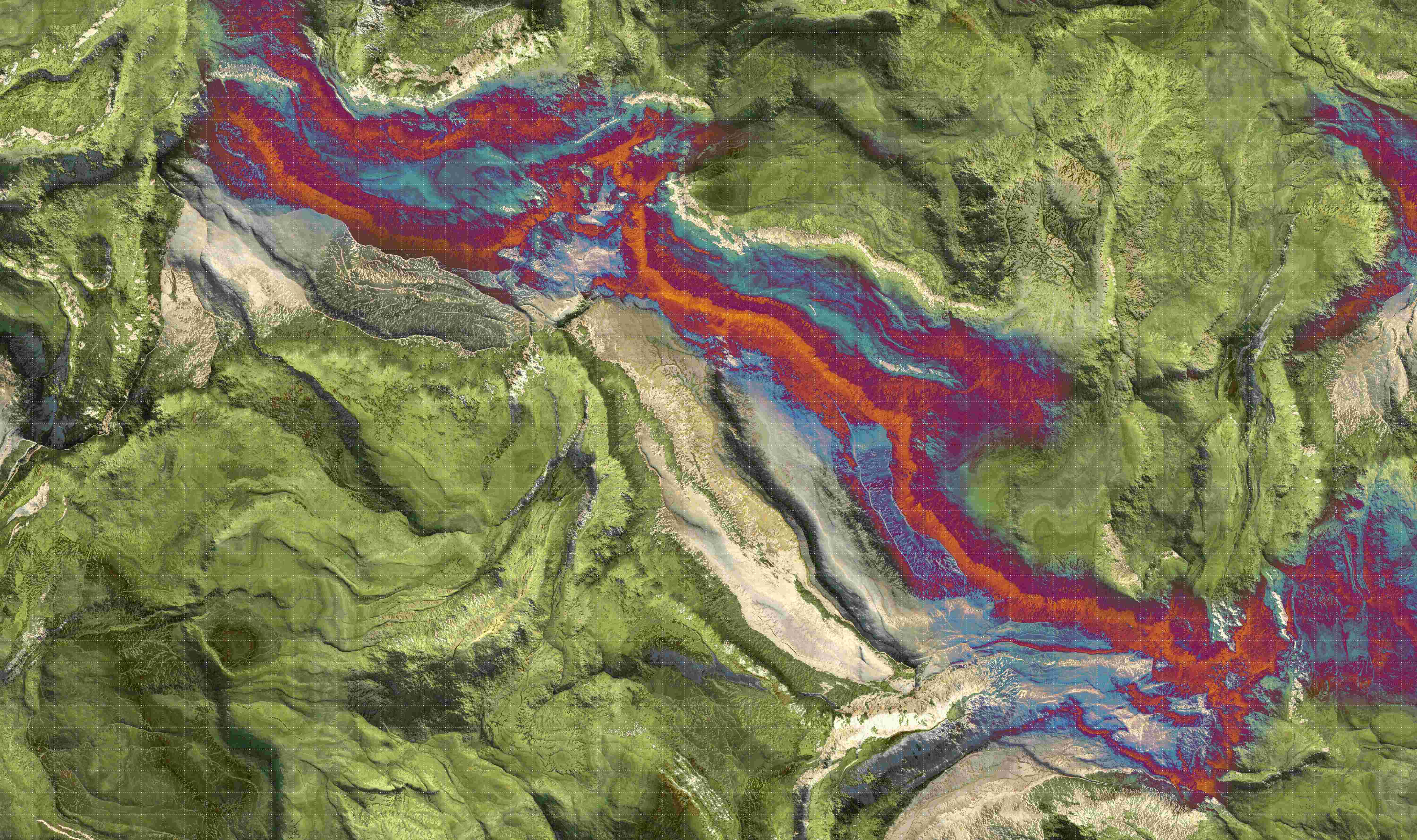 IPERLITE%20imec False-color hyperspectral satellite view of mountainous terrain with vivid red, blue and green bands