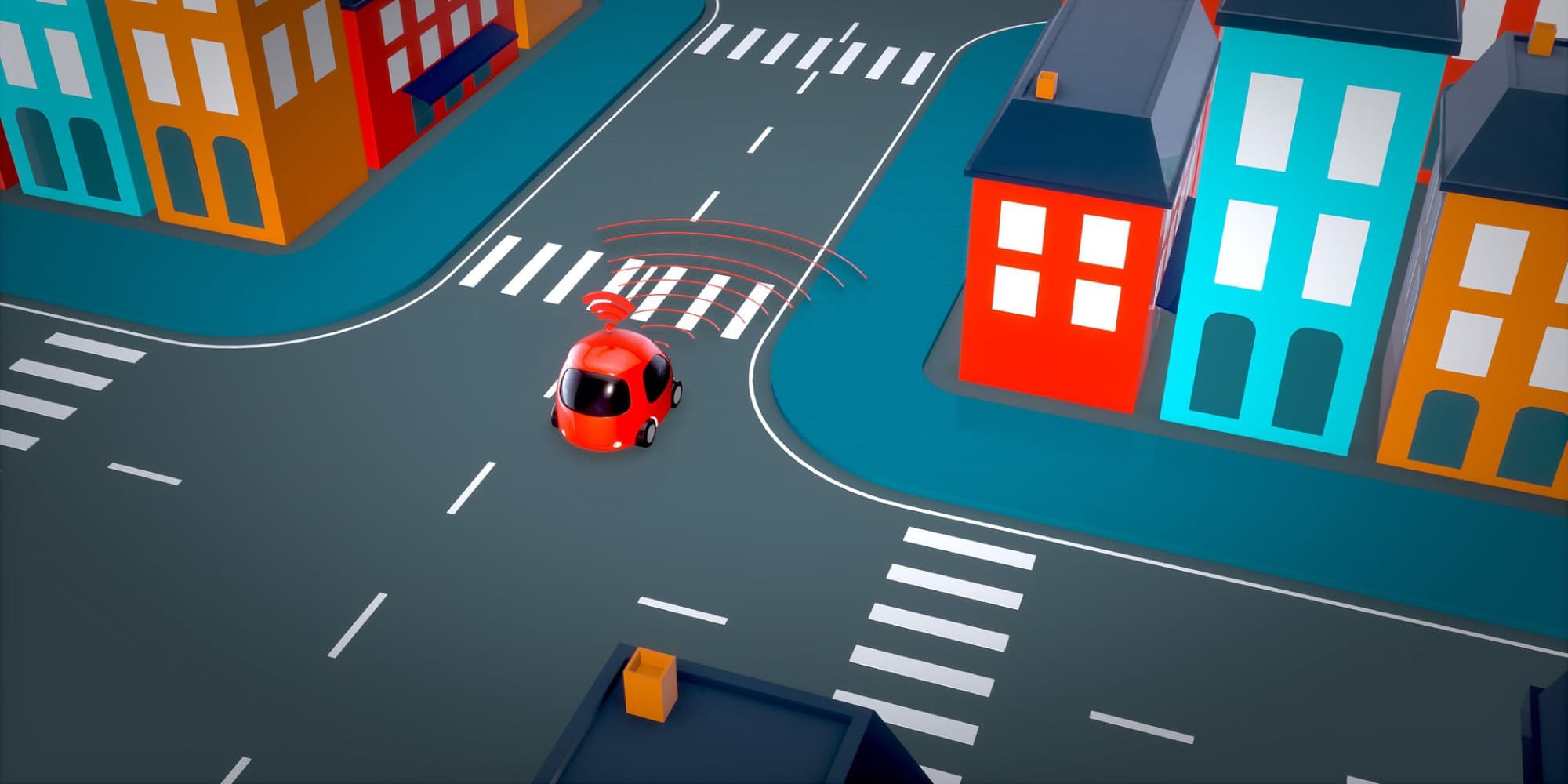 Is-the-Fully-Autonomous-Car-Poised-for-Failure- Red autonomous car with sensor waves driving through a stylized city intersection