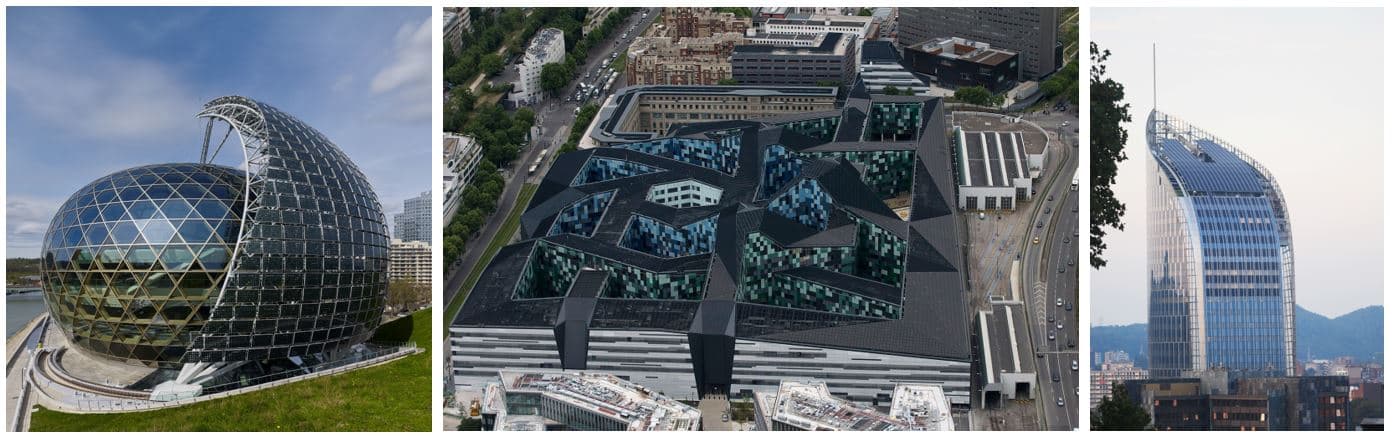 isoll_samzn_0 Three BIPV buildings with solar panels integrated into curved and angular glass facades.