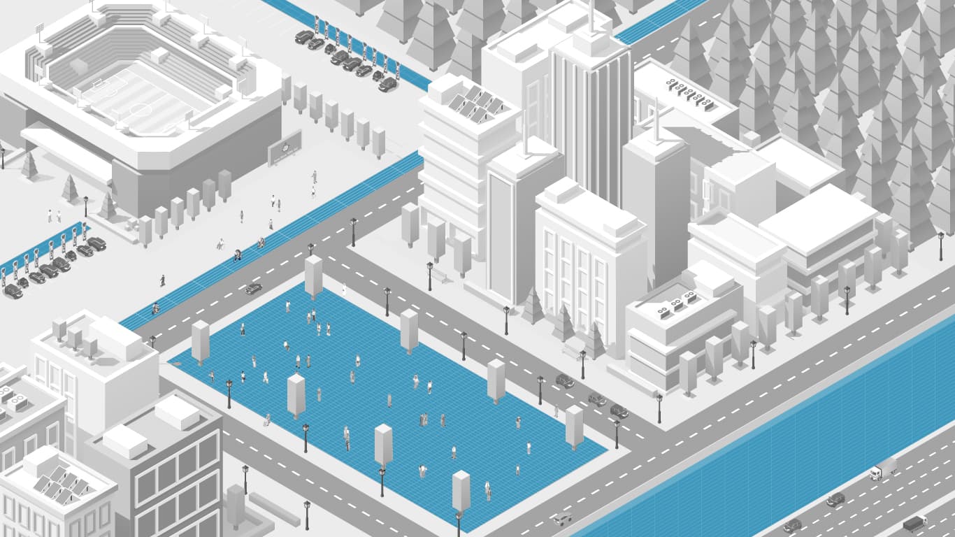 Isometric_landscape_Zonnecellen-01_%2528002%2529_0 Isometric city scene with blue solar-cell surfaces on roads, cycle paths, and a plaza beside buildings and trees.