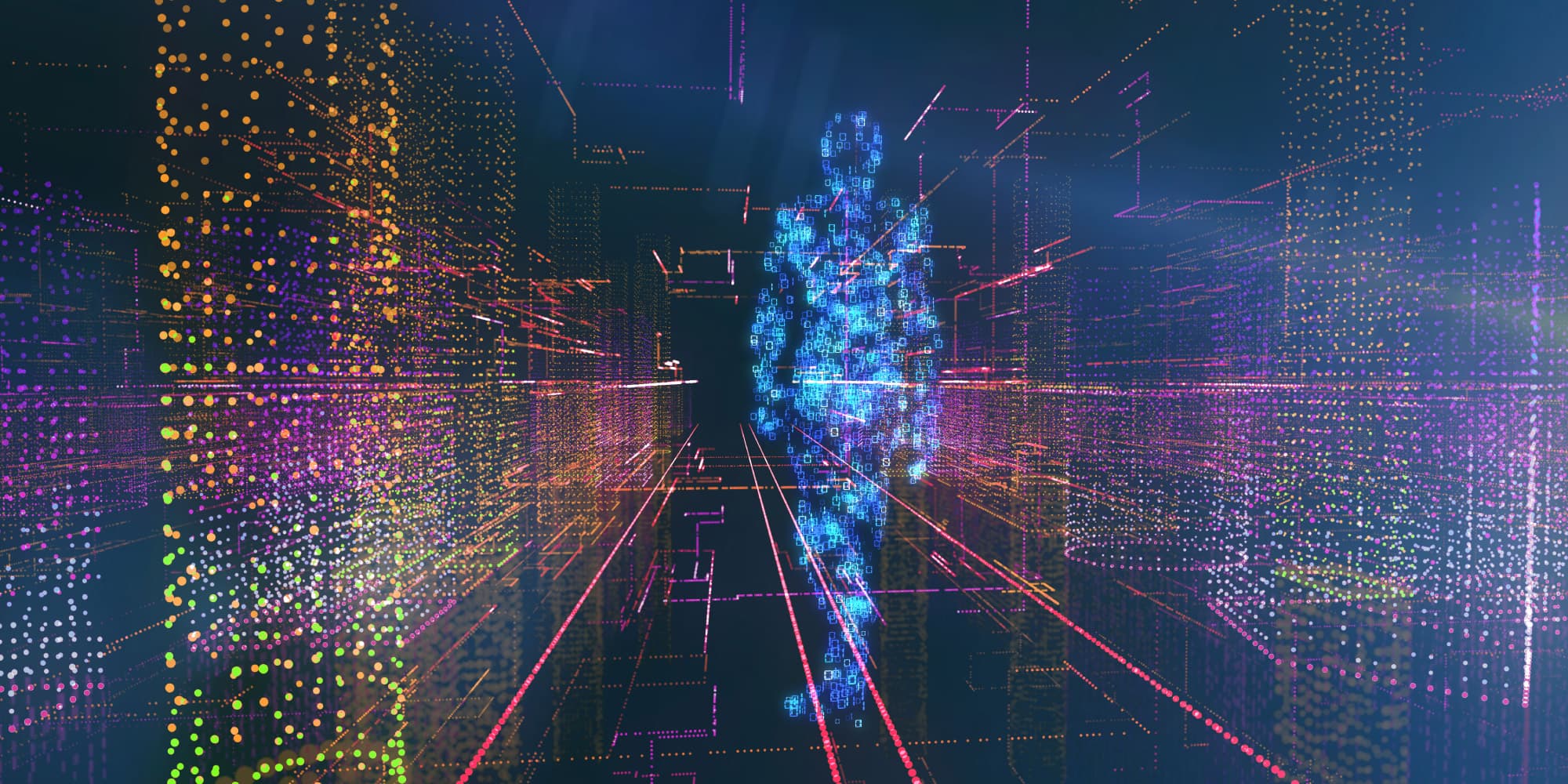 Abstract data streams around human figure symbolizing AI Abstract data streams converging around a central human figure, suggesting sensor fusion and AI analysis
