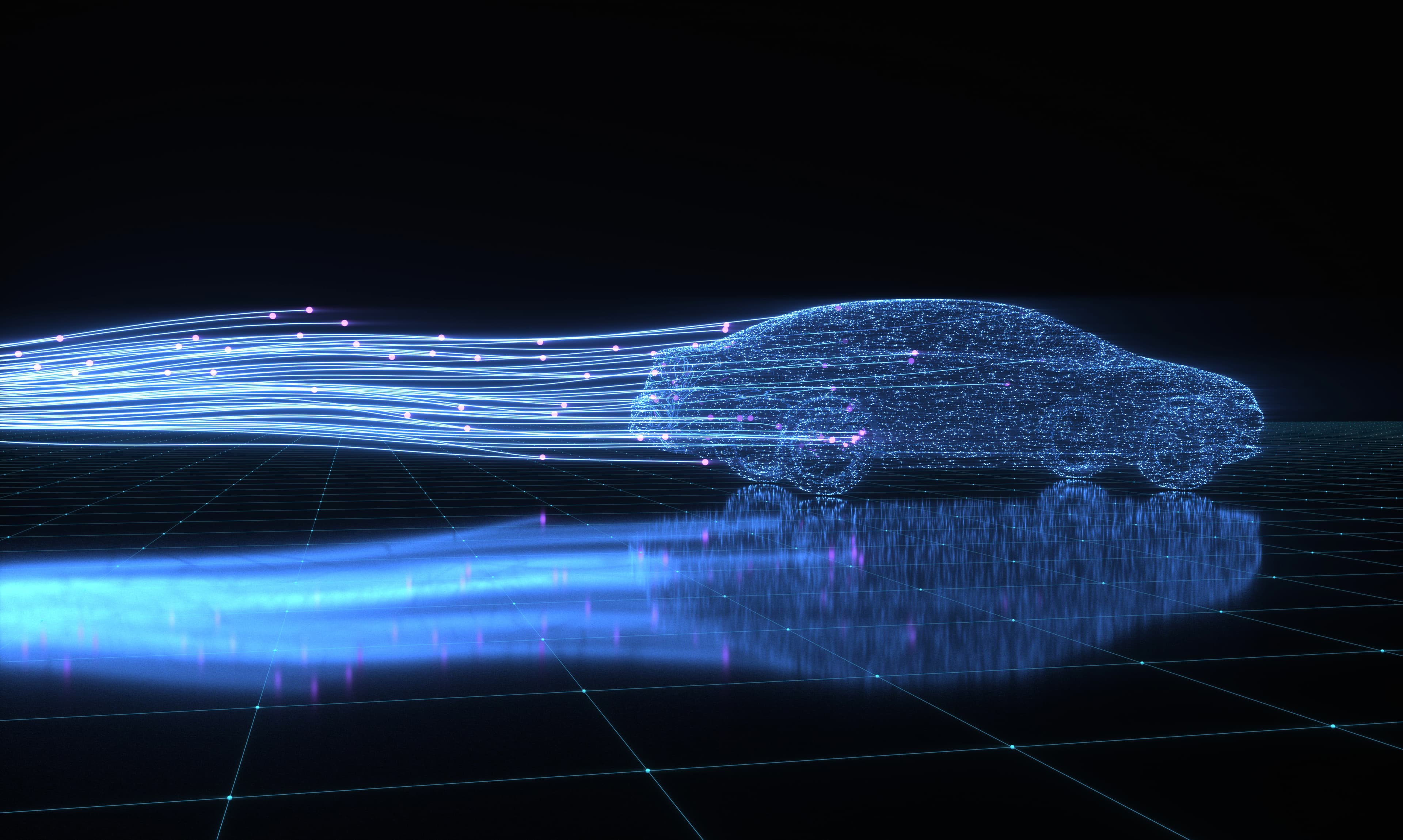 iStock-1144908953 Gloeiende digitale auto van blauwe punten met sensorlijnen die ernaartoe stromen op een donkere rasterachtergrond