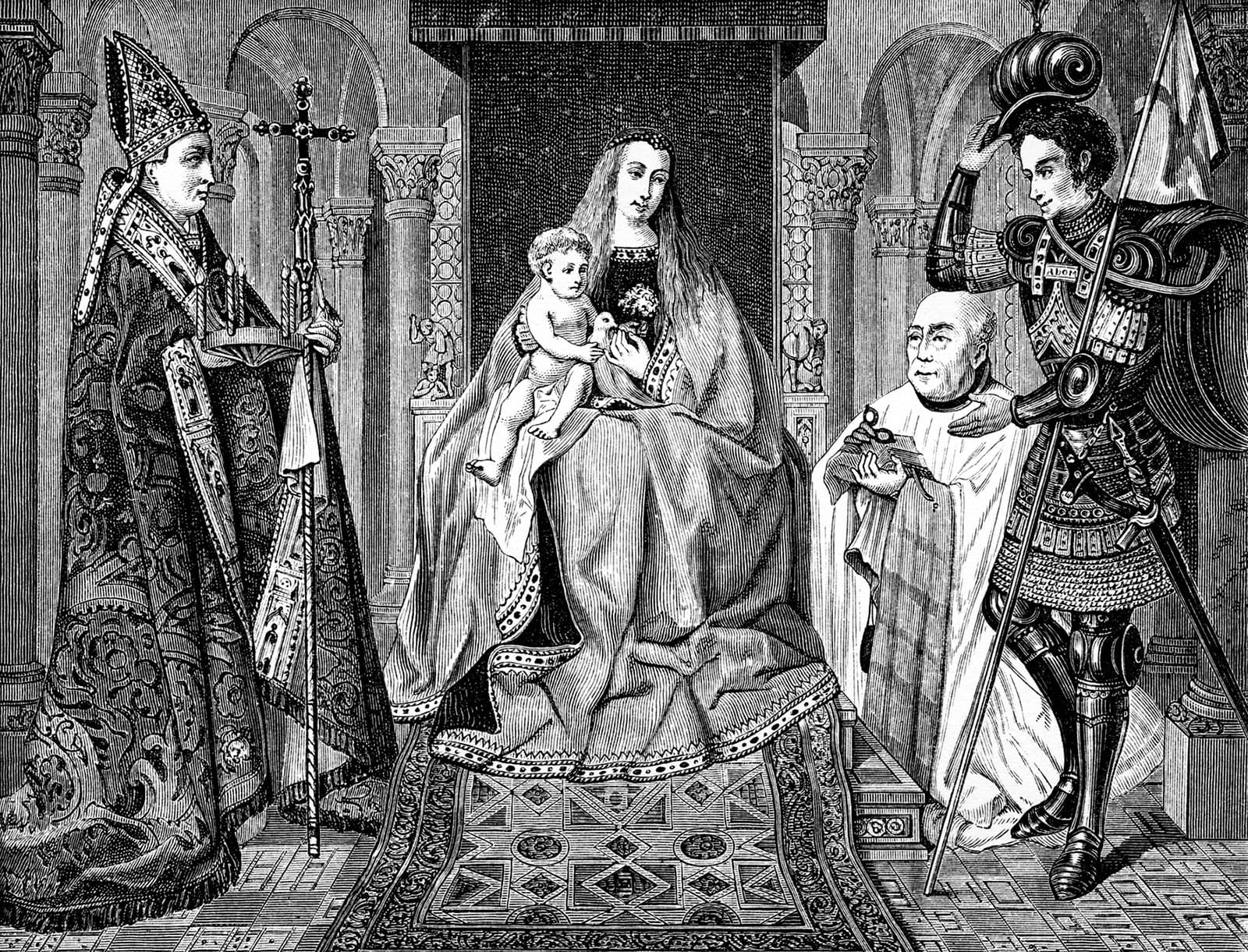 iStock-121041185_1 Black-and-white engraving of a medieval-style court scene with a crowned figure, Madonna and child, and an armored knight