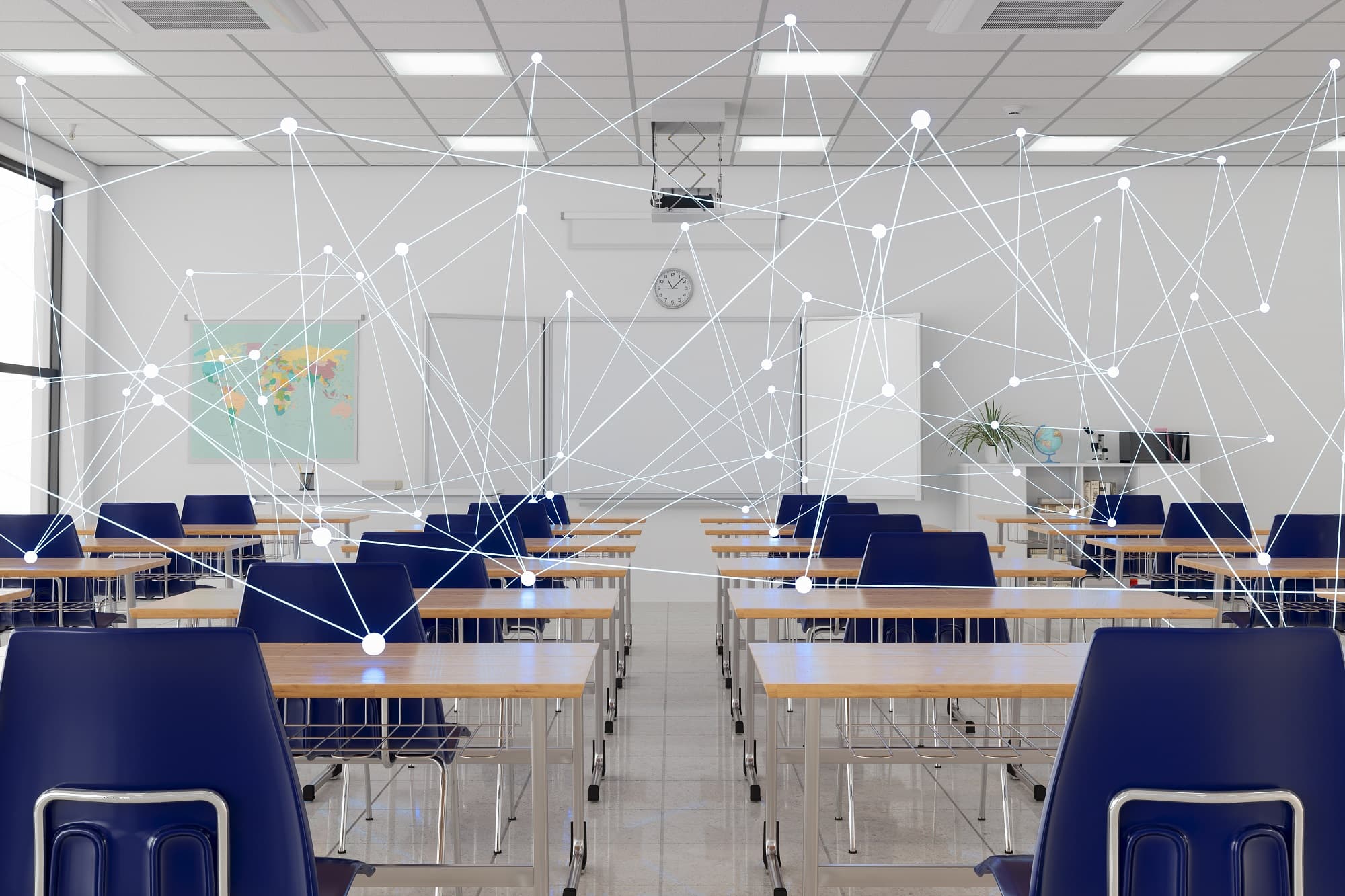 iStock-1330206200 Lege klaslokaal met bureaus en stoelen, overlaid met een netwerk van verbonden AI-knooppunten