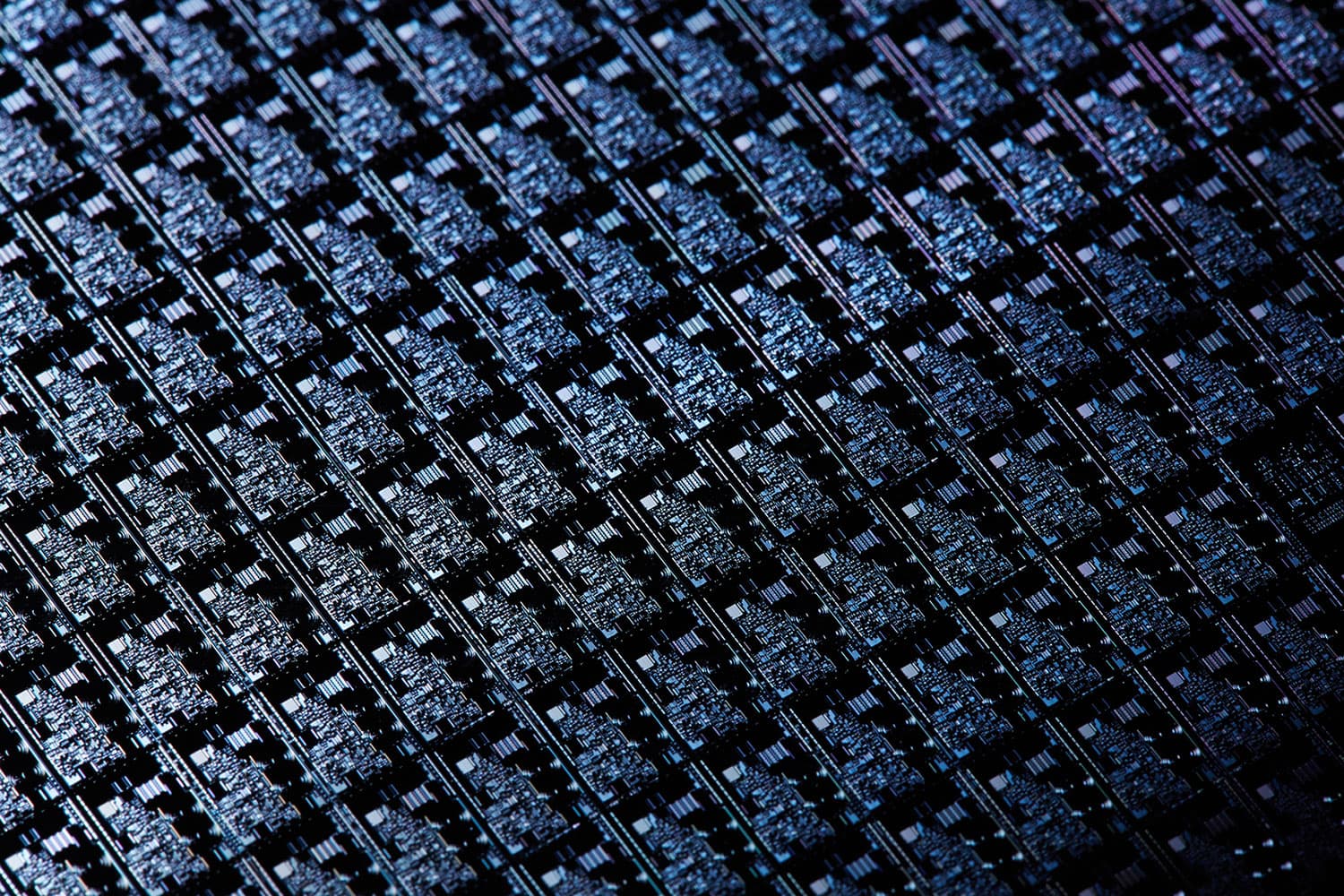 close-up of patterned semiconductor wafer Close-up of a patterned semiconductor wafer with repeated chip structures