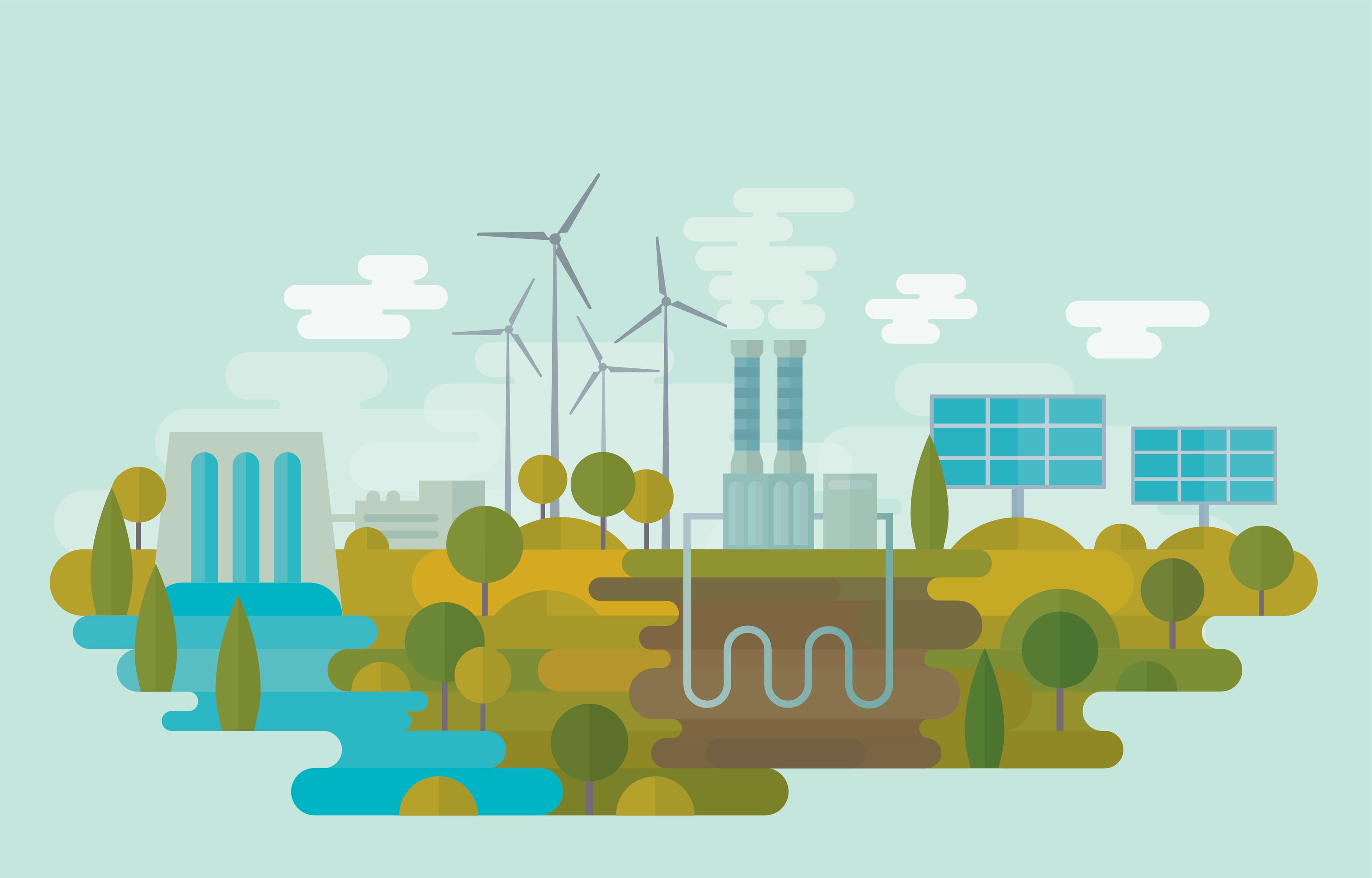 iStock-539442624 Illustration of wind turbines, solar panels, a hydro dam and an industrial energy facility in a green landscape