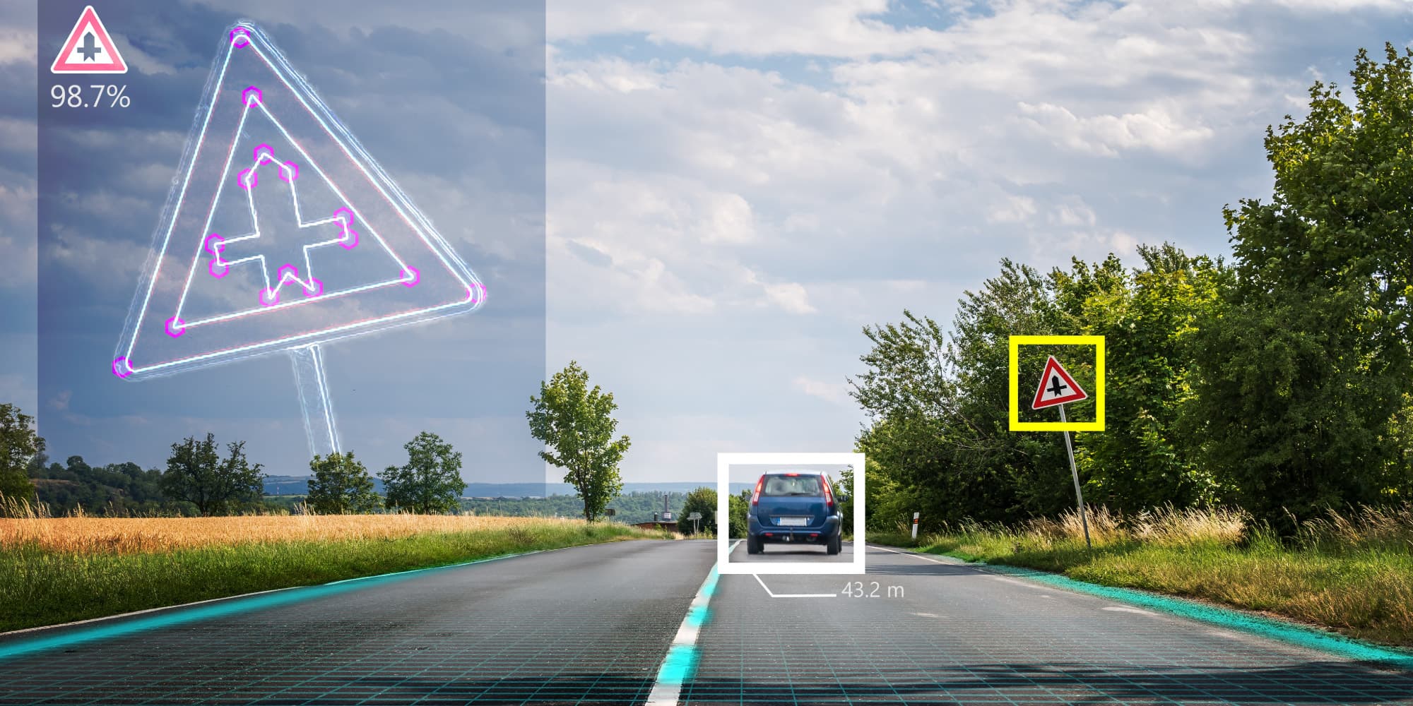 iStock-813581436 Autonomous driving scene showing sensor fusion overlays on a road, detecting a car and a traffic sign