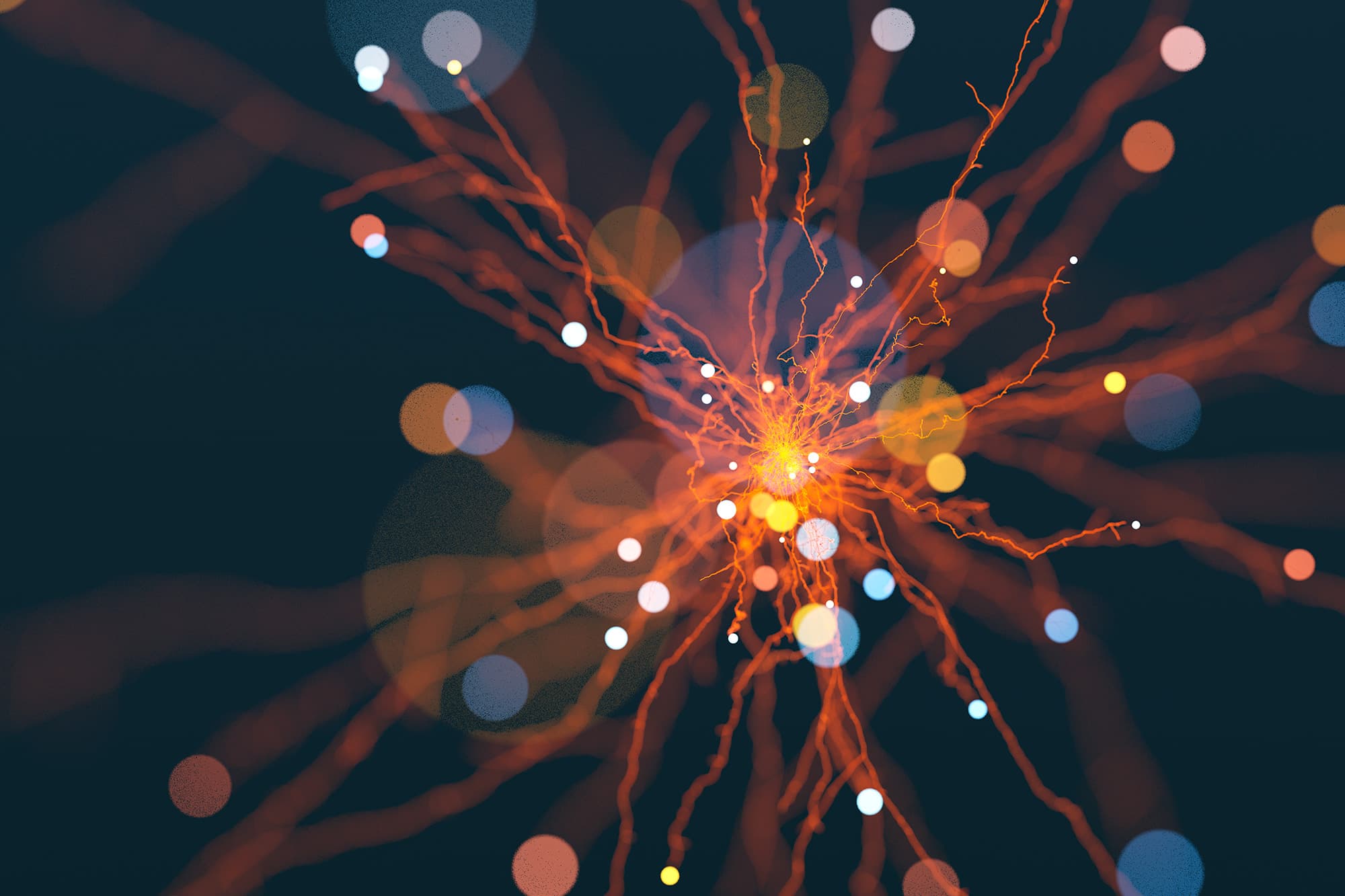 Abstract glowing orange network pattern Abstract network of glowing orange lines and dots radiating from a bright center on a dark background