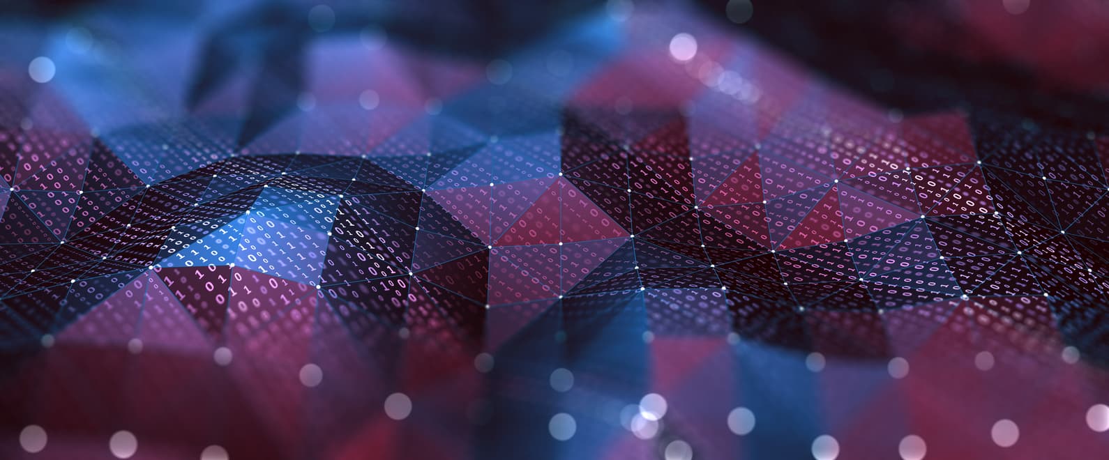 iStock-908866958_1 Abstract digital mesh of connected triangles and binary code in blue and magenta light