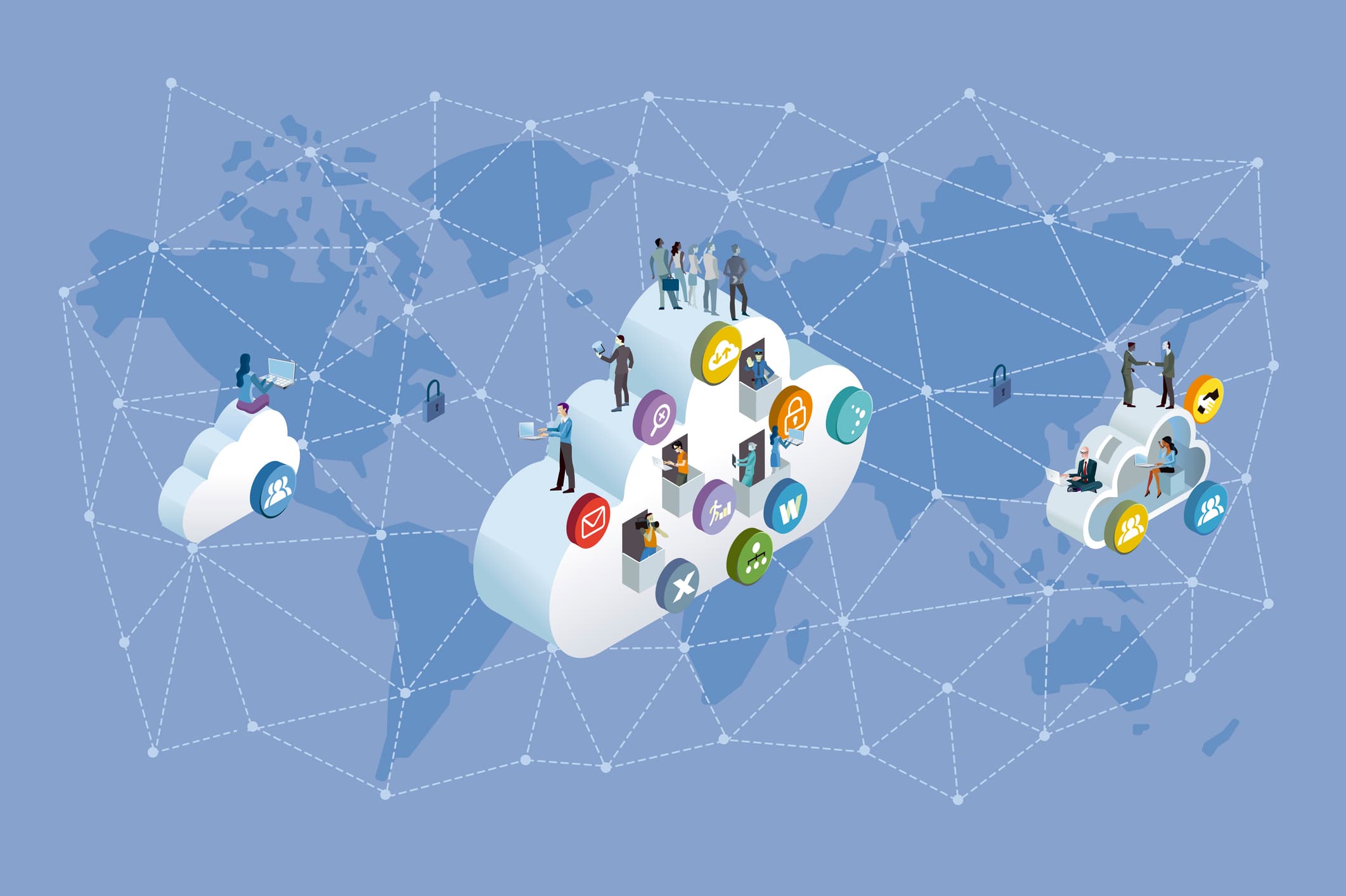 cloud platforms global network illustration Illustration of people inside cloud platforms linked by a global network of dotted lines and padlock icons