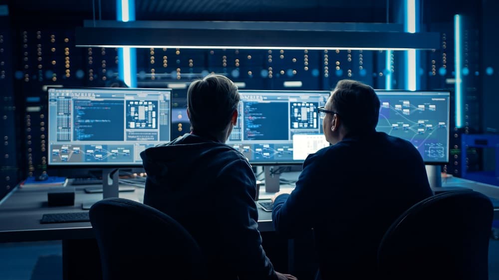 istockphoto-1194430859 Two researchers review code and system diagrams across multiple monitors in a dark control room