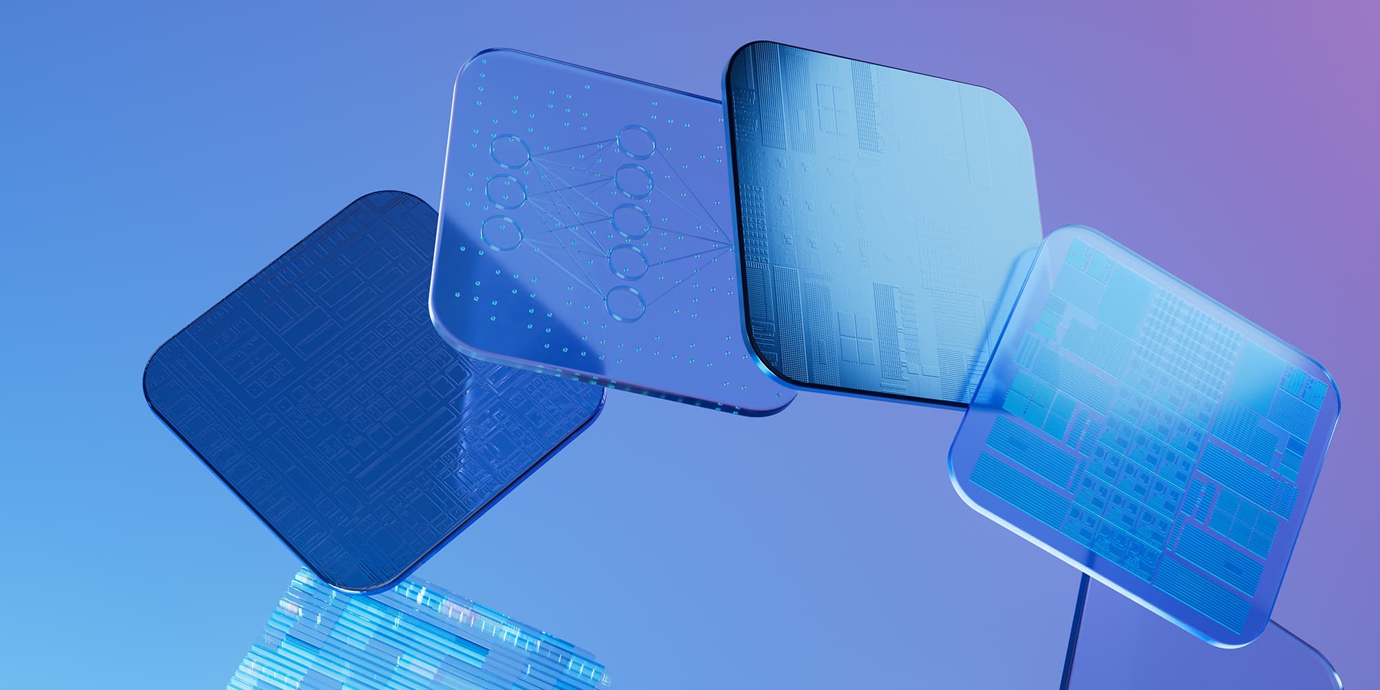 ITFUSA_2026_WEB_2000X1000_0 Abstract blue semiconductor chip tiles floating on a purple background