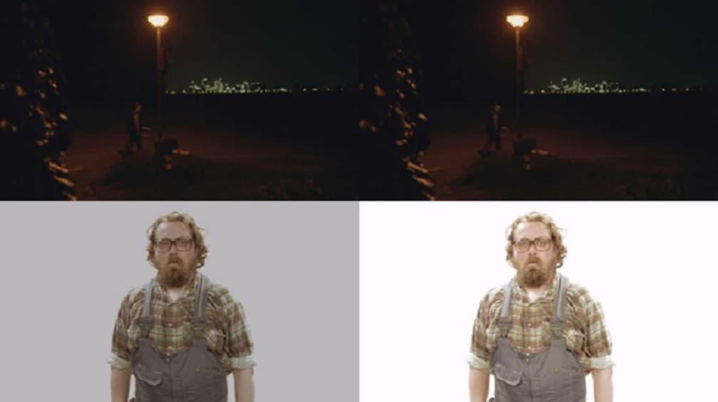Licht_Donker_0 SDR-to-HDR comparison with a dim night scene above and a man on gray and bright white backgrounds below