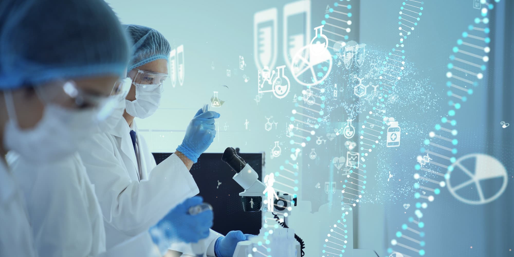 Life-sciences-and-health-solutions Researchers in a cleanroom laboratory examining a microscope, overlaid with DNA and medical icons