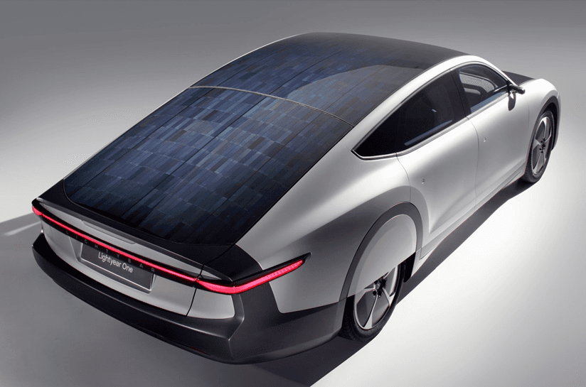 Lightyear Silver electric car with solar panels integrated into the roof and body panels