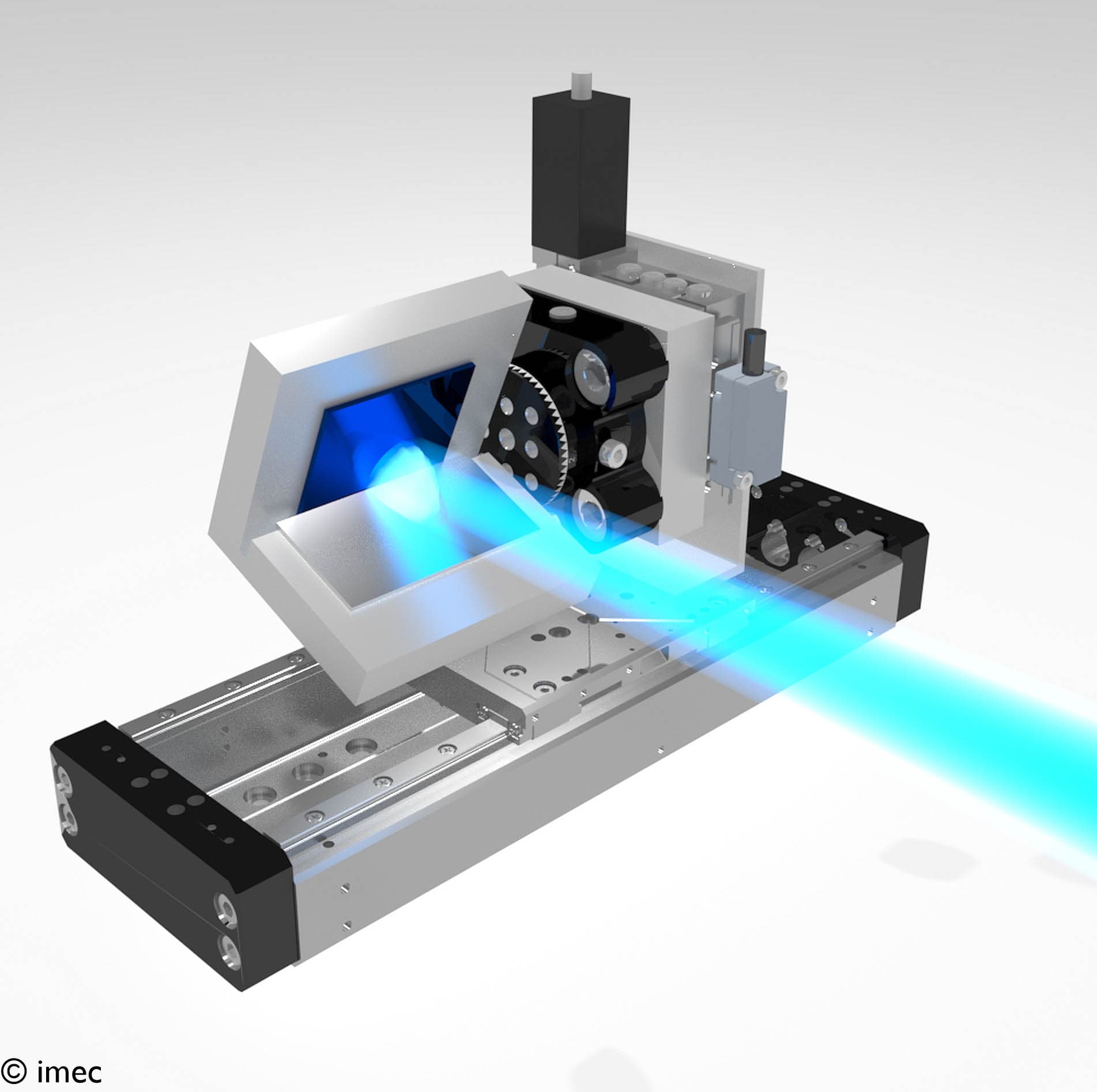 3D schematic of Lloyd’s mirror setup with EUV beam 3D schematic of a Lloyd’s mirror setup with a blue EUV beam passing through the optical assembly