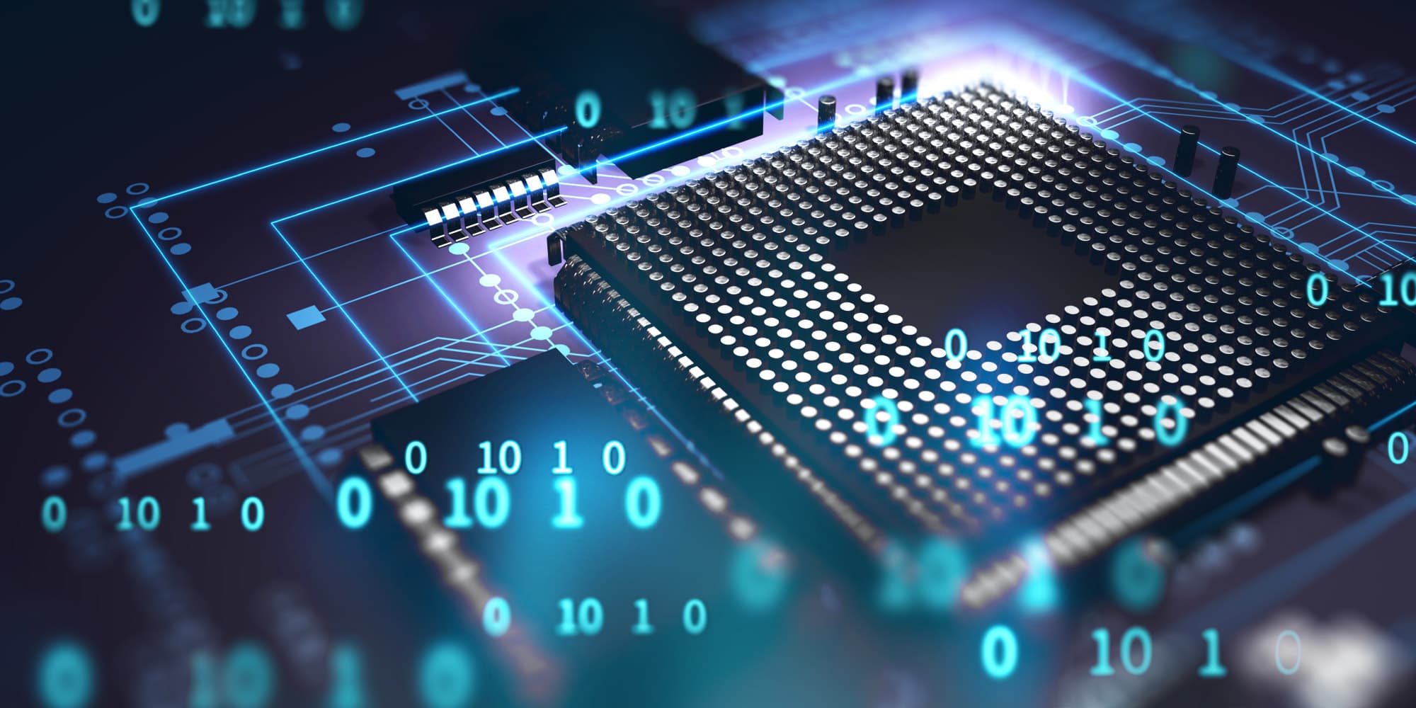 Looking-for-an-introduction-to-microchips Glowing microchip with circuit traces and floating binary digits