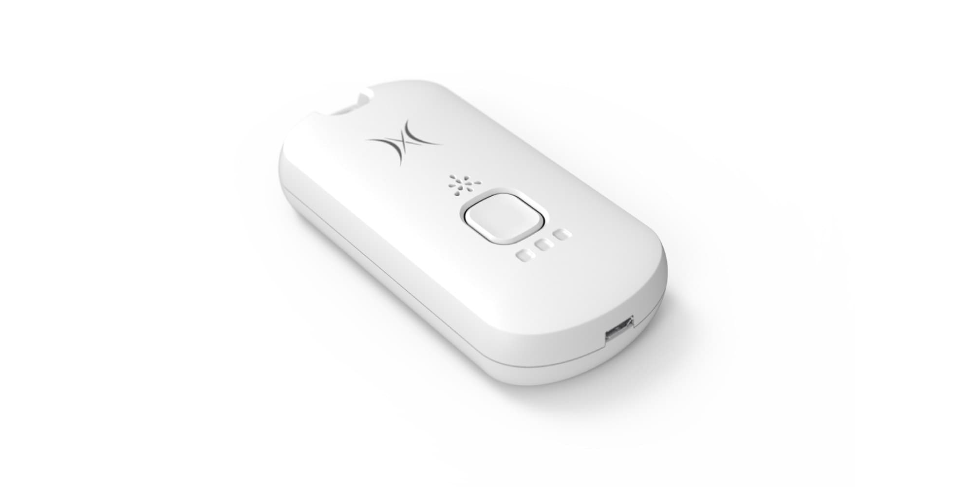 Lopos%2C-spin-off-van-imec-en-de-Universiteit-Gent%2C-start-grootschalige-productie-van-draagbare-wearable-om-richtlijnen-voor-social-distancing-in-professionele-omgevingen-te-ondersteunen Wit draagbaar SafeDistance-apparaat met een centrale knop en kleine indicatielampjes