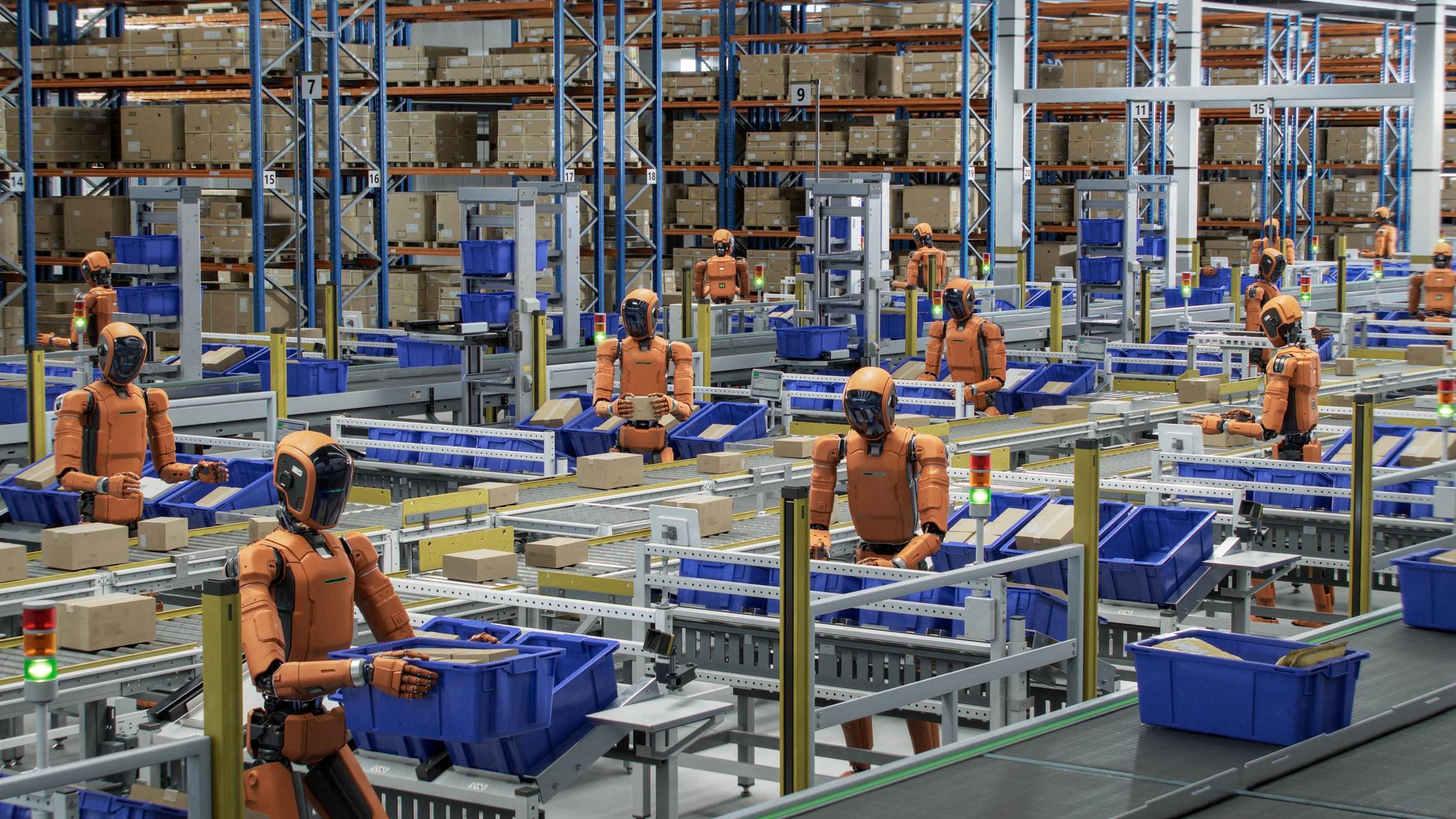 Low-power%20wireless%20for%20robot Humanoid robots working on a warehouse conveyor line with blue bins and stacked boxes
