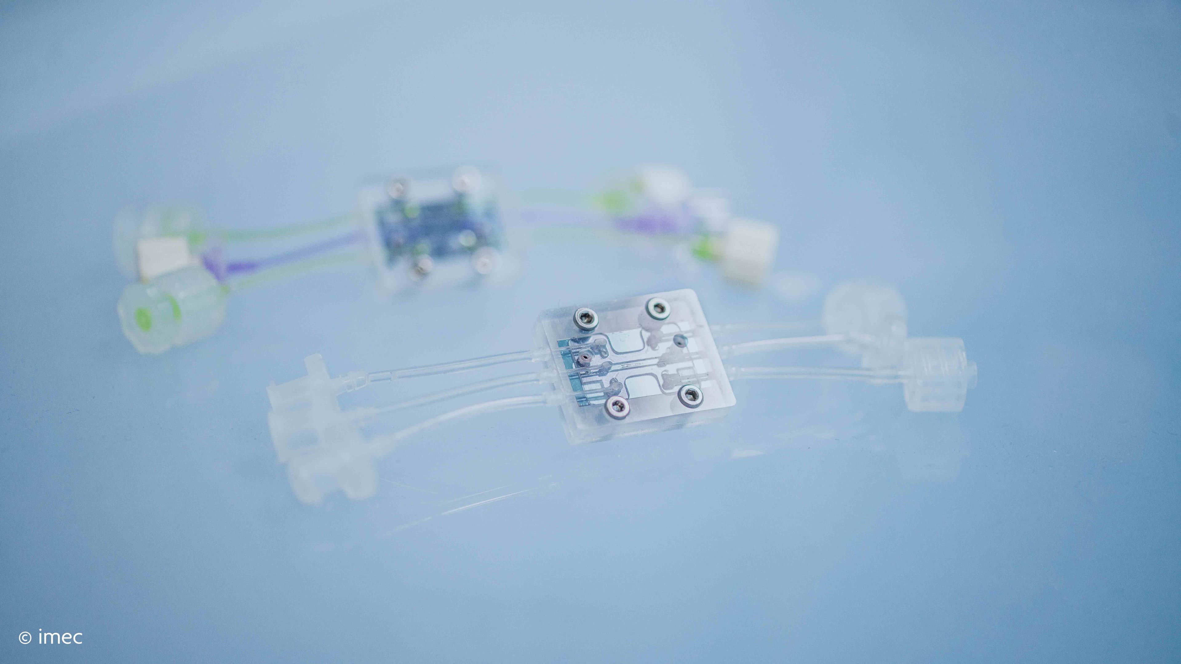 Merck_header Transparent microfluidic device with tubing and a small chip on a blue background