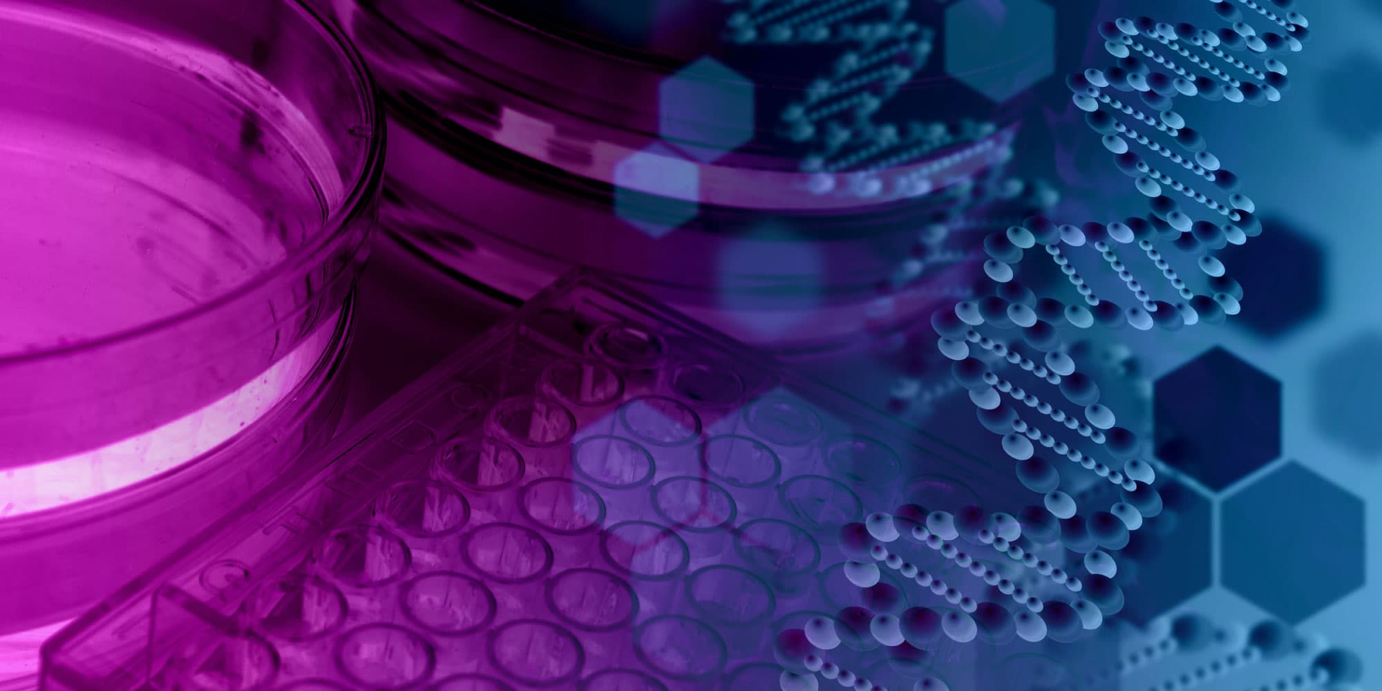 microscope_0 Abstract microscopy-themed graphic with a DNA helix, lab well plate, and blue-purple scientific imagery