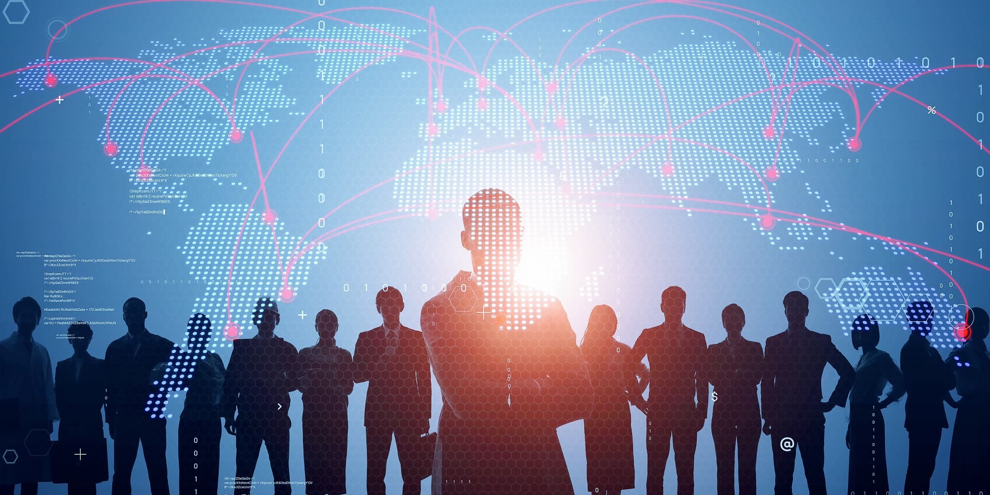 Silhouettes of diverse professionals with global network map Silhouettes of diverse professionals in front of a glowing world map with connecting arcs
