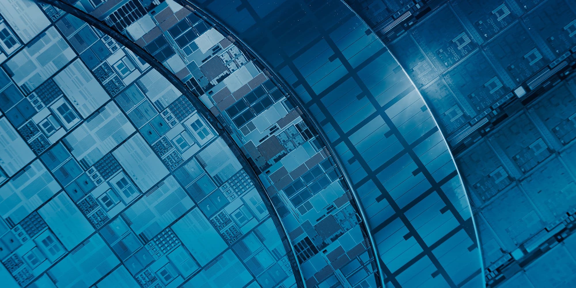 Blue abstract illustration of semiconductor wafer sections Blue abstract illustration of curved semiconductor wafer sections and chip-like patterns