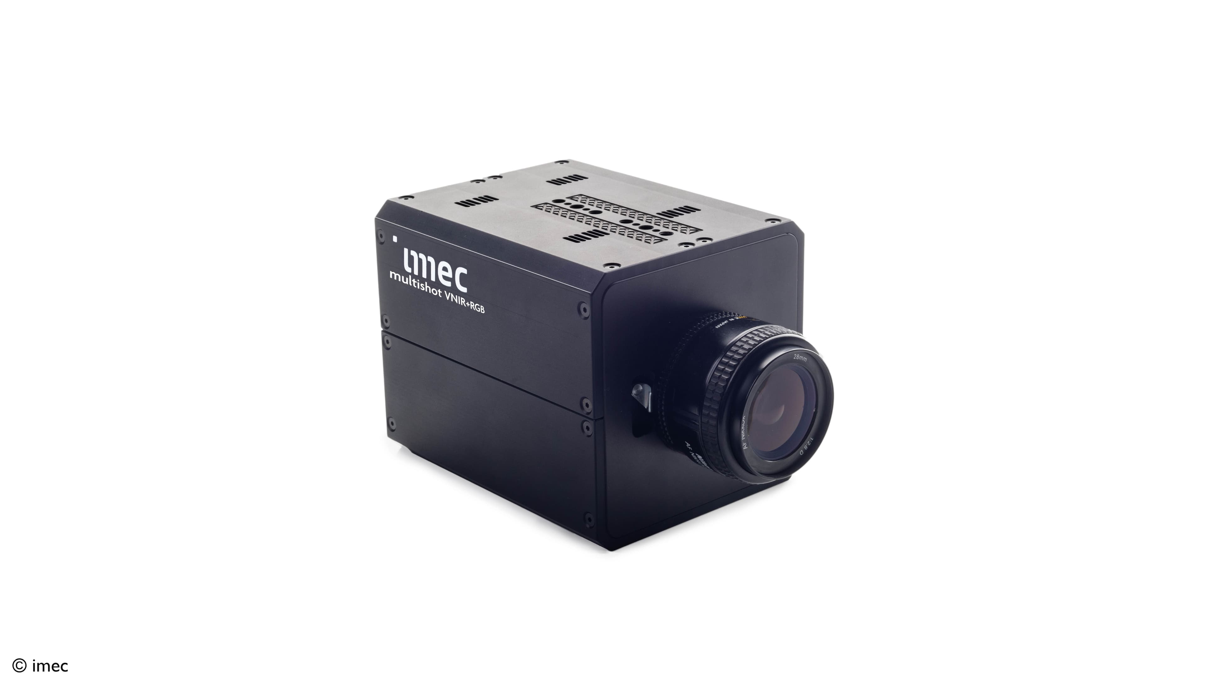 Multishot-VNIR-RGB_2 imec multishot VNIR+RGB imaging camera with attached lens on a white background