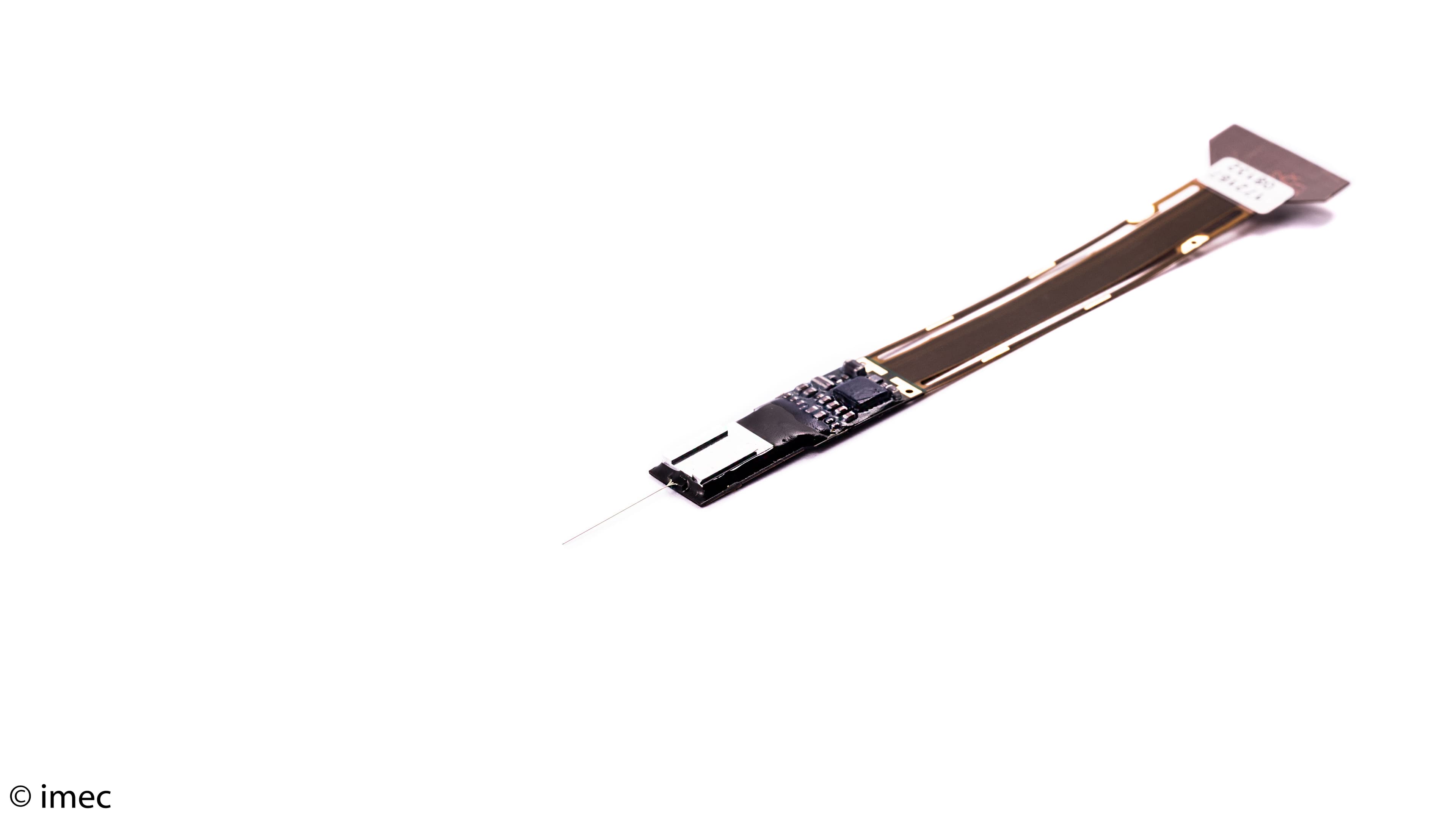 Neuropixels neural probe with flexible shank Neuropixels neural probe with a long flexible shank and fine recording tip on a white background