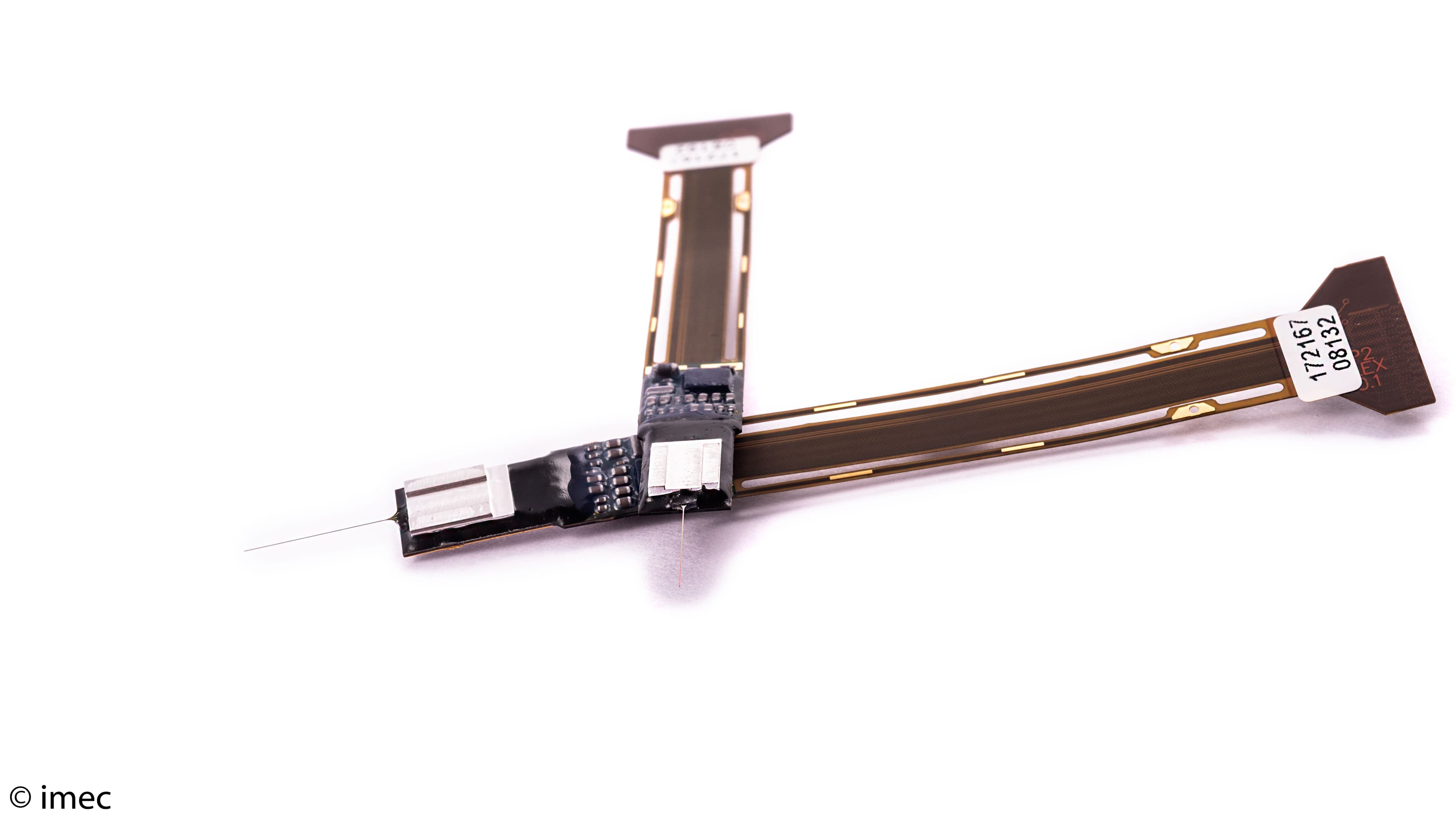 Musa022_1 Neuropixels neural probe with thin flexible shank and connector on a white background