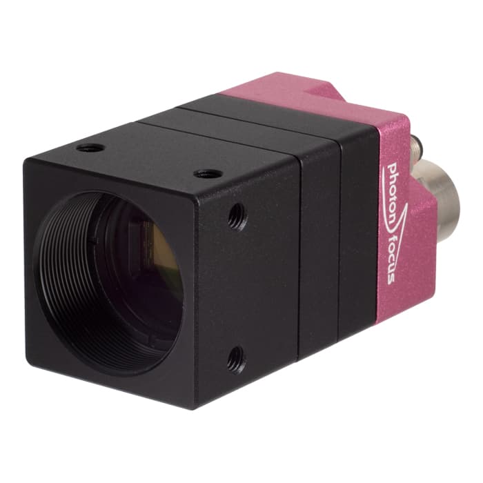 Compact industrial camera with lens and pink Photonic Focus housing Compact industrial camera with lens and pink Photonic Focus housing on a white background