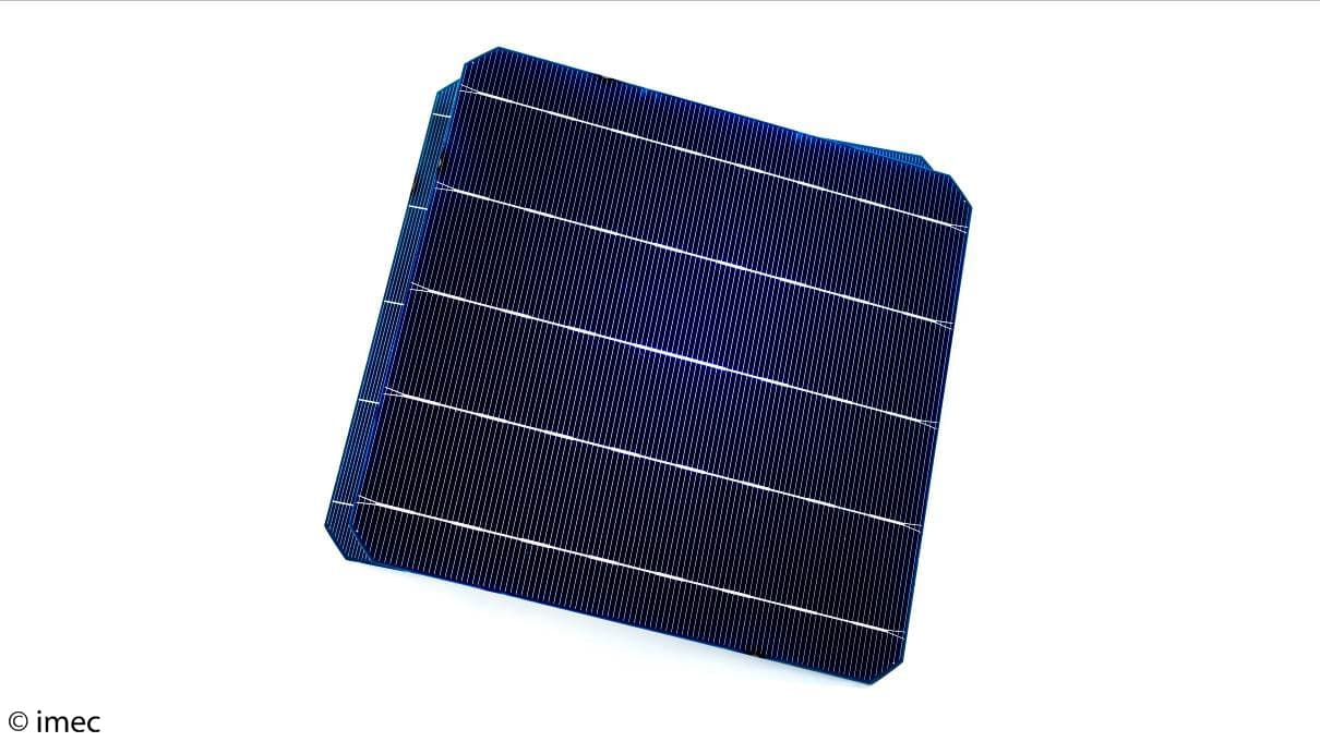 n-PERTSolarCells_1 Blue photovoltaic solar cell wafer with fine grid lines on a white background