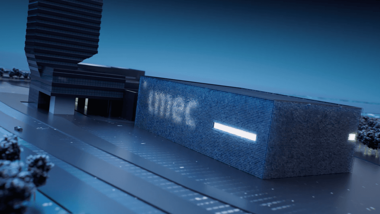 NanoIC%20pilot%20line%20-%20header Stylized 3D rendering of an imec research building at night with a glowing logo