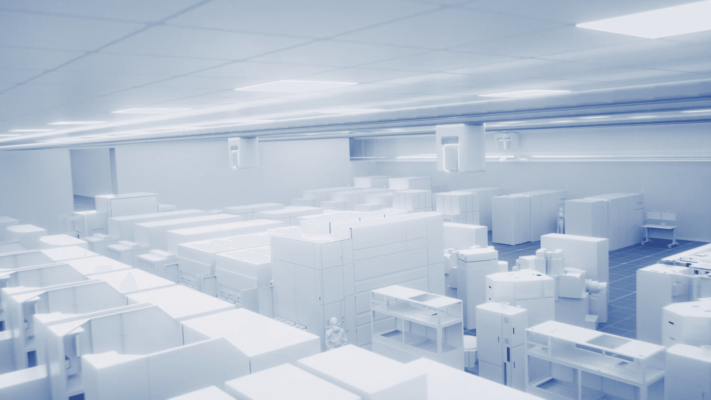 NanoIC%20pilot%20line%20-%20inside_0 Rendering van een cleanroom met rijen halfgeleiderapparatuur en een technicus in de verte