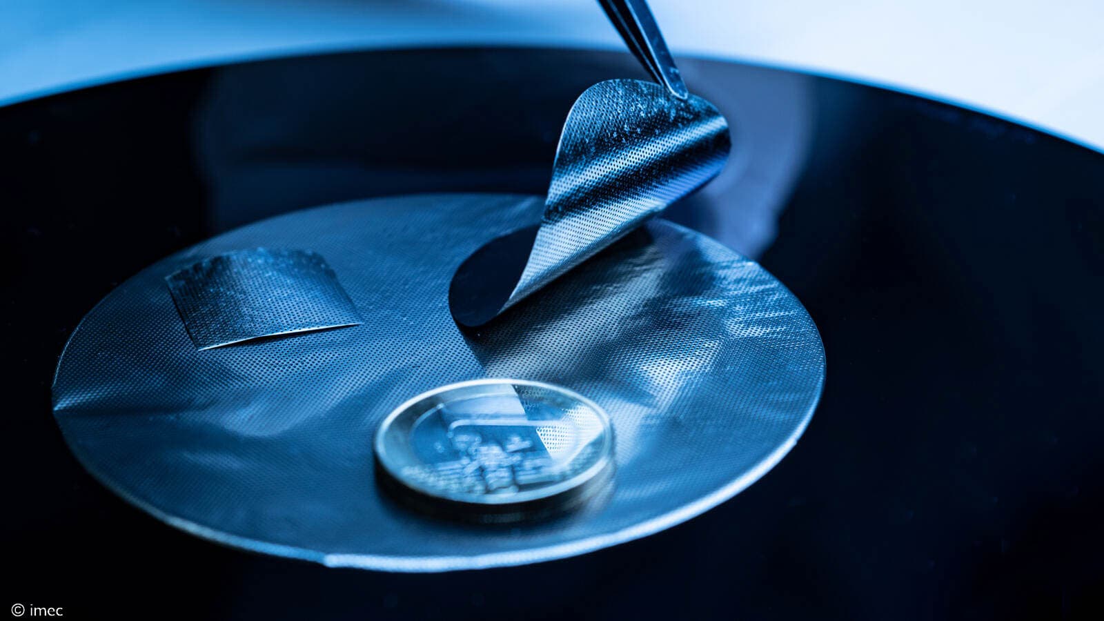 Nanomesh electrode sample being lifted with tweezers Nanomesh electrode sample being lifted with tweezers from a circular plate
