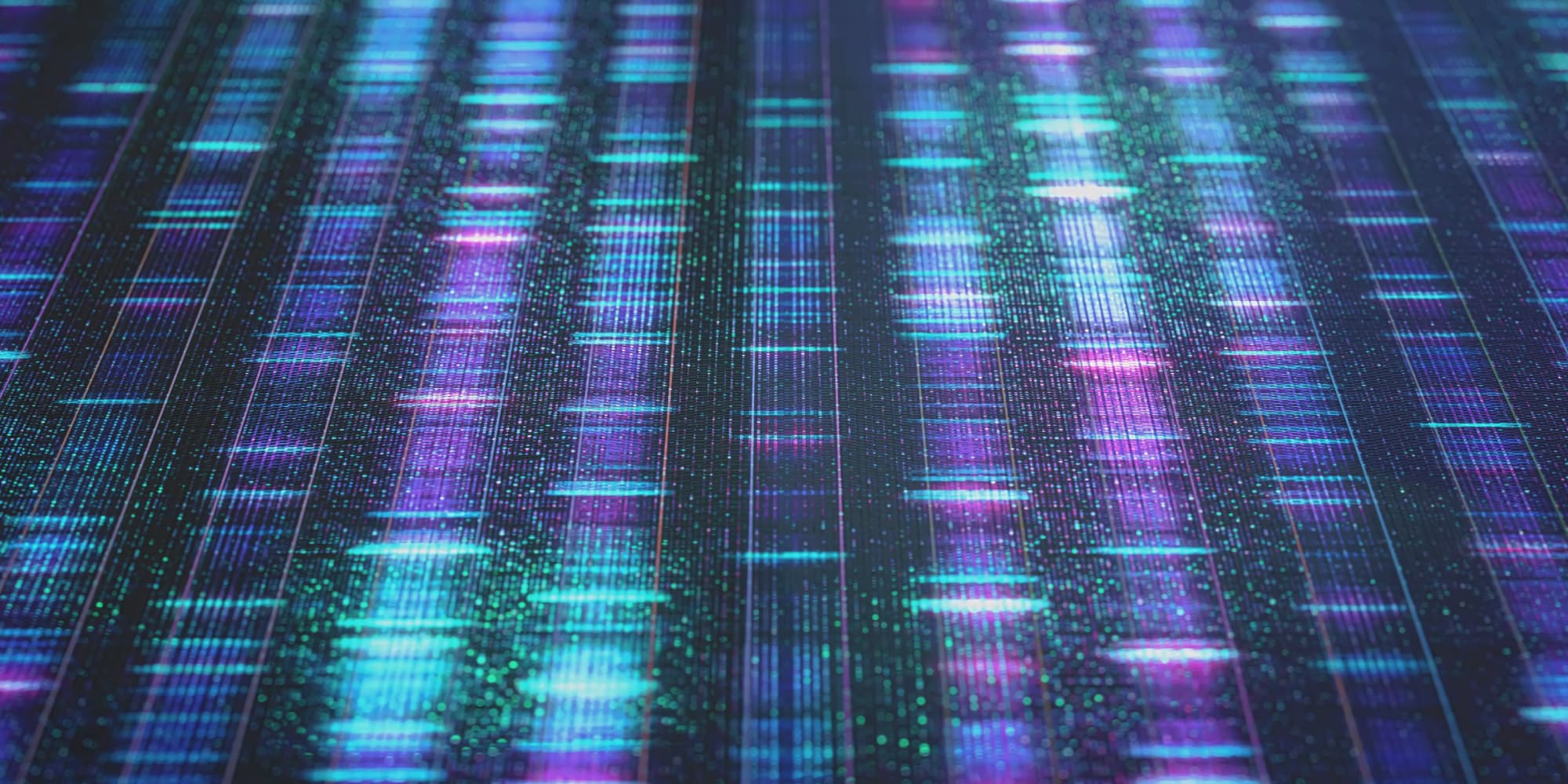 nanopore_1 Abstract neon digital circuit pattern in blue, purple, and teal lines